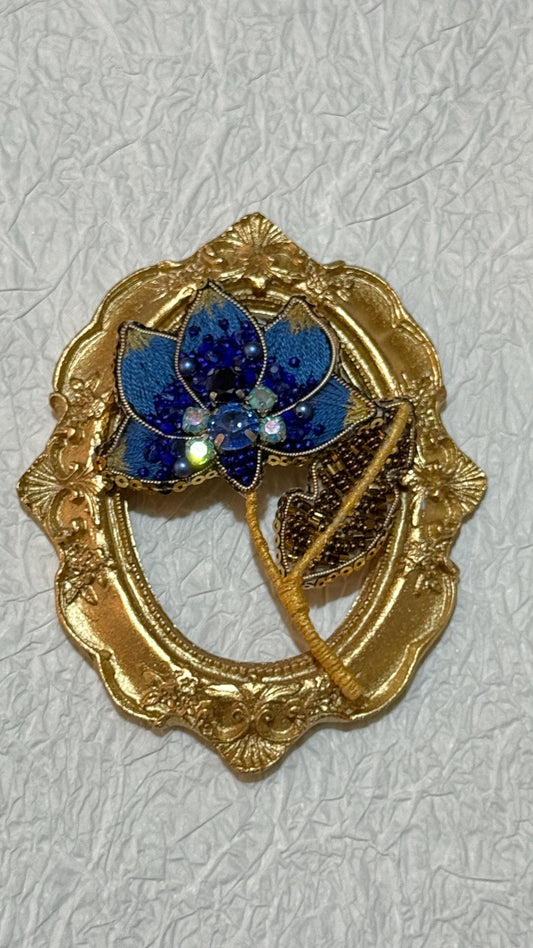Handmade Blue Lotus Brooch: Beaded Floral Pin with Gold Frame
