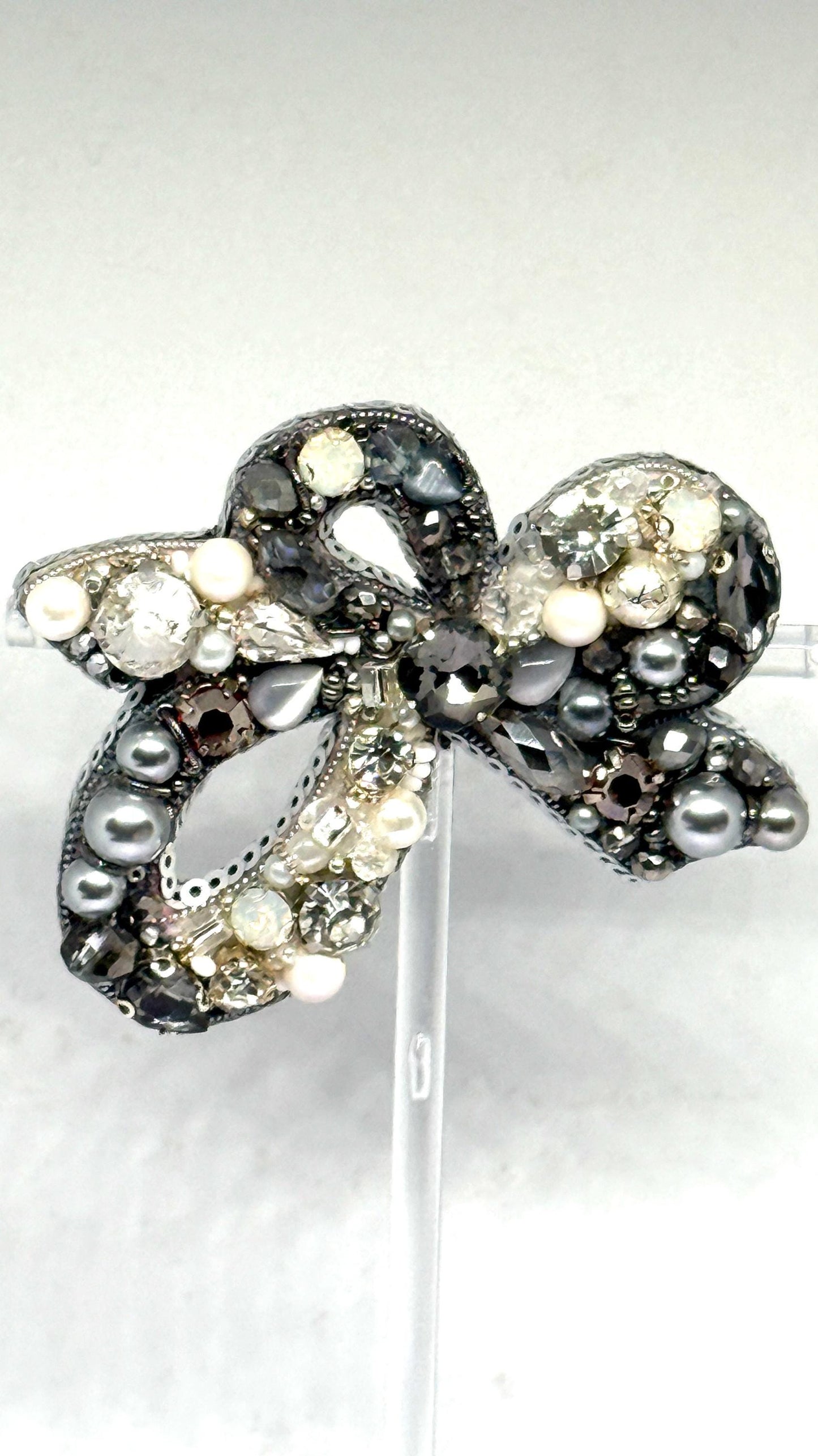 Handmade Crystal Bow Brooch: Beaded Pearl Silver Statement Pin