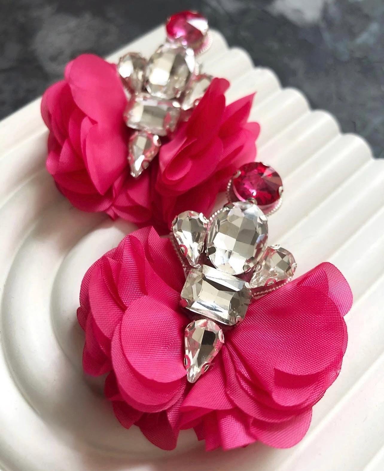 Statement Pink Crystal Flower Earrings – Handmade Glamorous Drop Earrings for Special Occasions