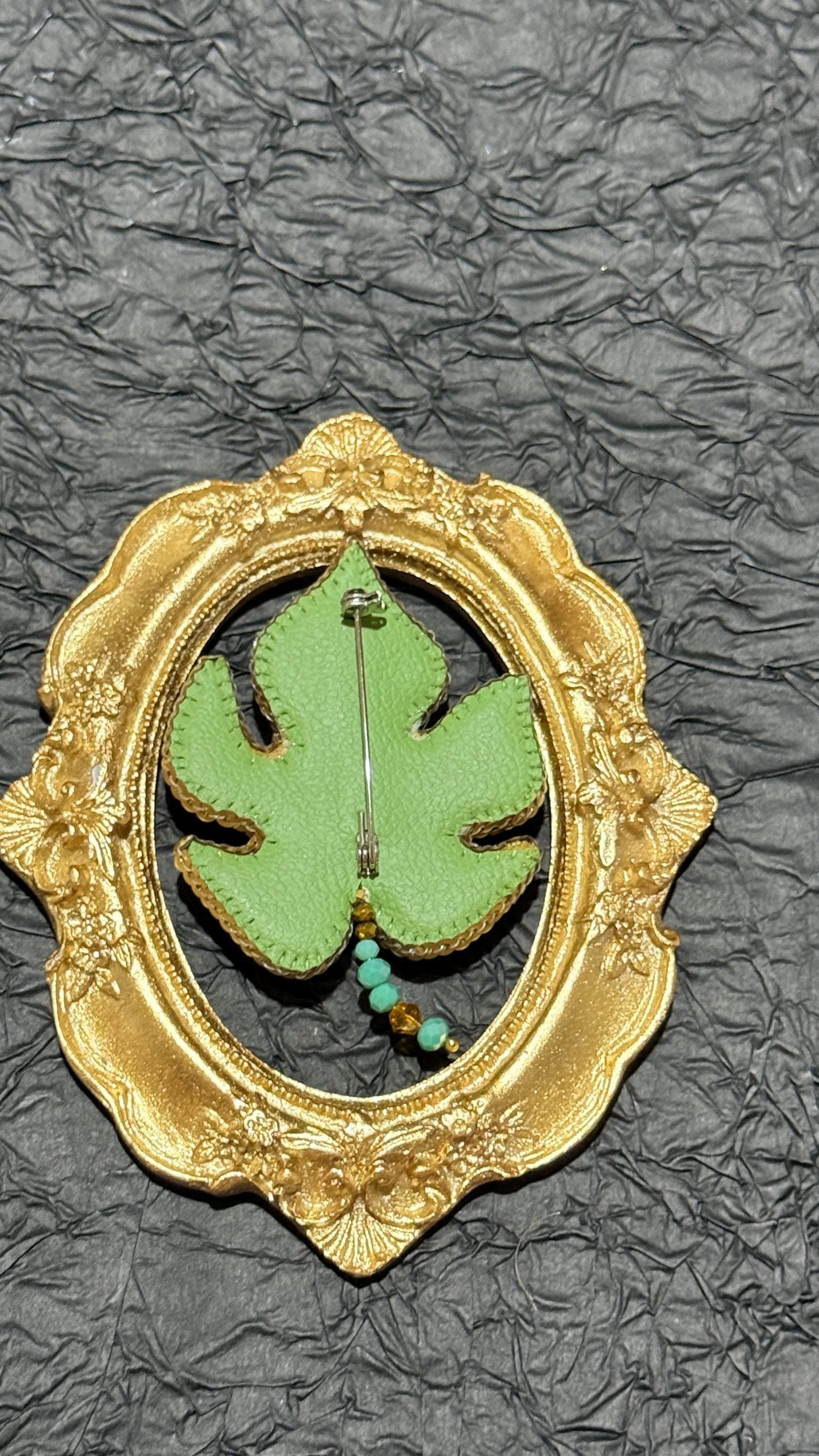 Handmade Green Crystal Leaf Brooch: Beaded Nature Jewelry