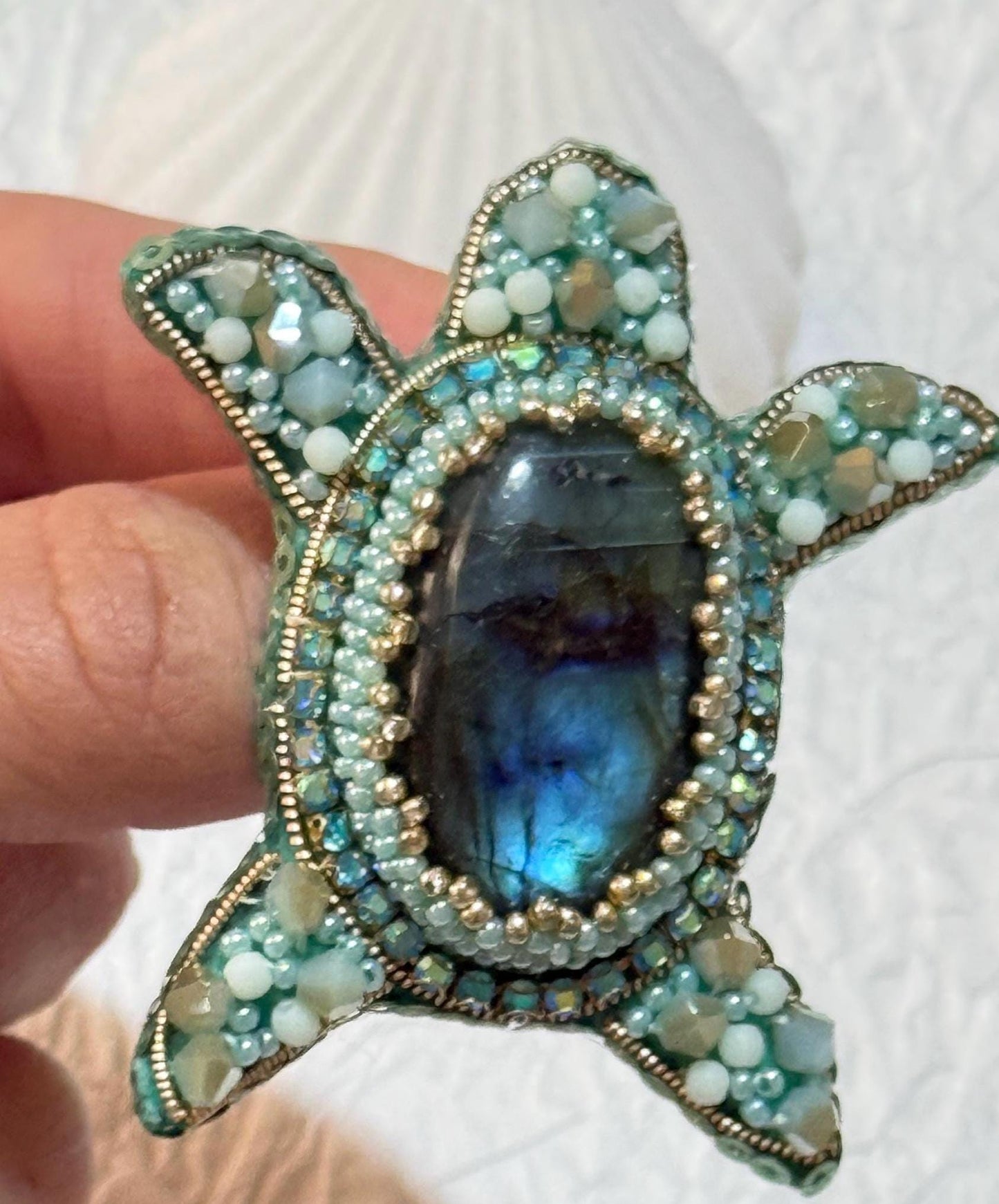 Handmade Beaded Turtle Brooch with Labradorite Stone | Ocean-Inspired Jewelry Gift | Unique Nature-Inspired Accessories