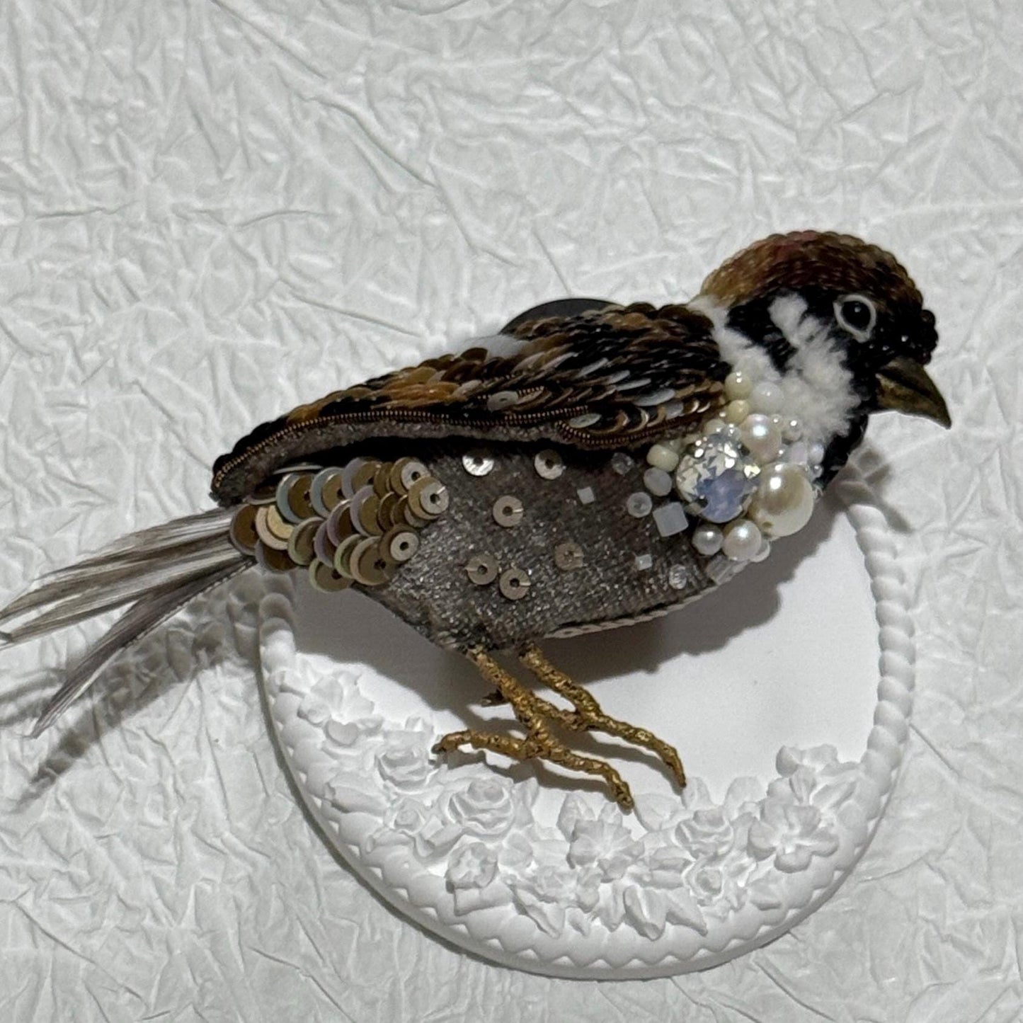 Handmade Beaded Sparrow Brooch: Sequins, Pearls, and Crystals
