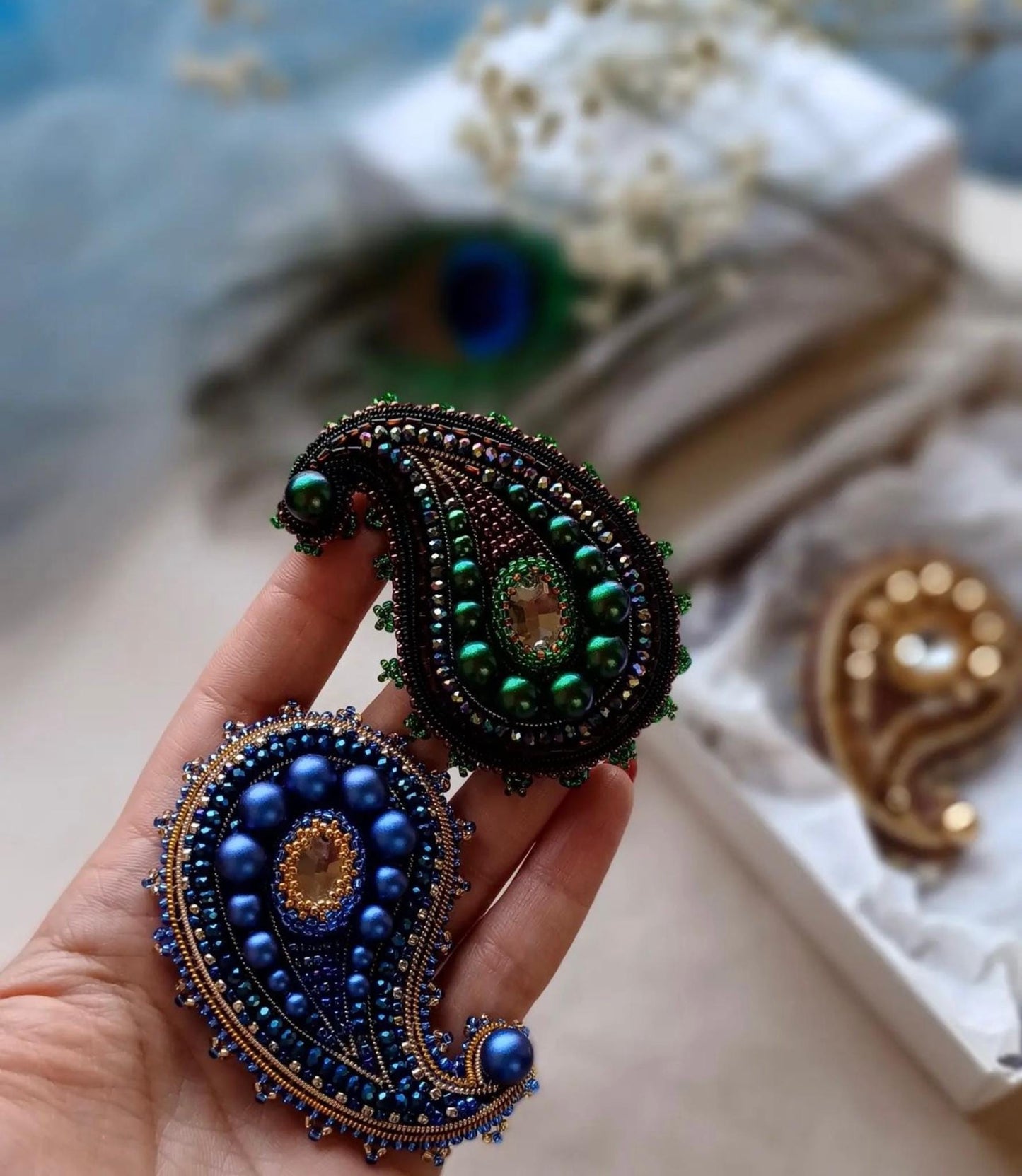 Beaded Paisley Brooch Pin: Crystal Pearl Bohemian Lapel Accessory