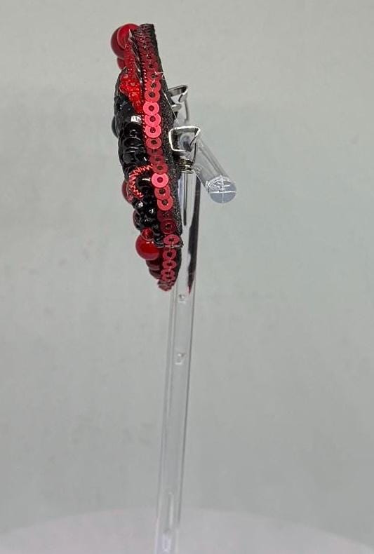 Handmade Beaded Koi Fish Brooch: Embroidered Red & Black Pin