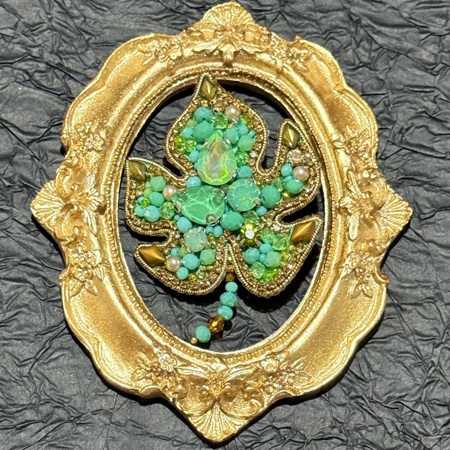 Handmade Green Crystal Leaf Brooch: Beaded Nature Jewelry