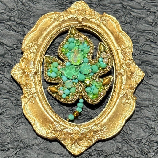 Handmade Green Crystal Leaf Brooch: Beaded Nature Jewelry
