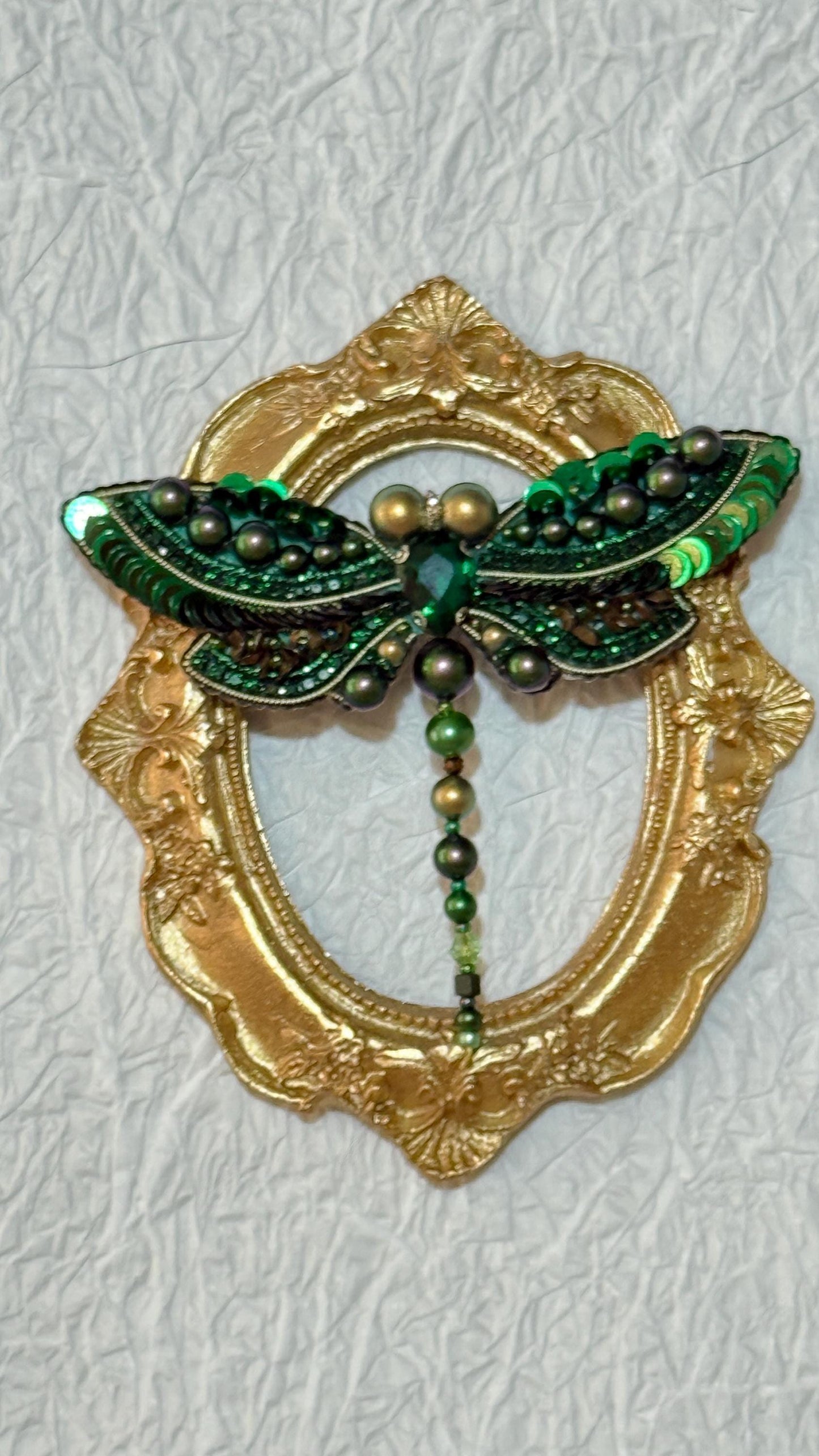 Handmade Green Dragonfly Brooch: Beaded Crystal Insect Pin