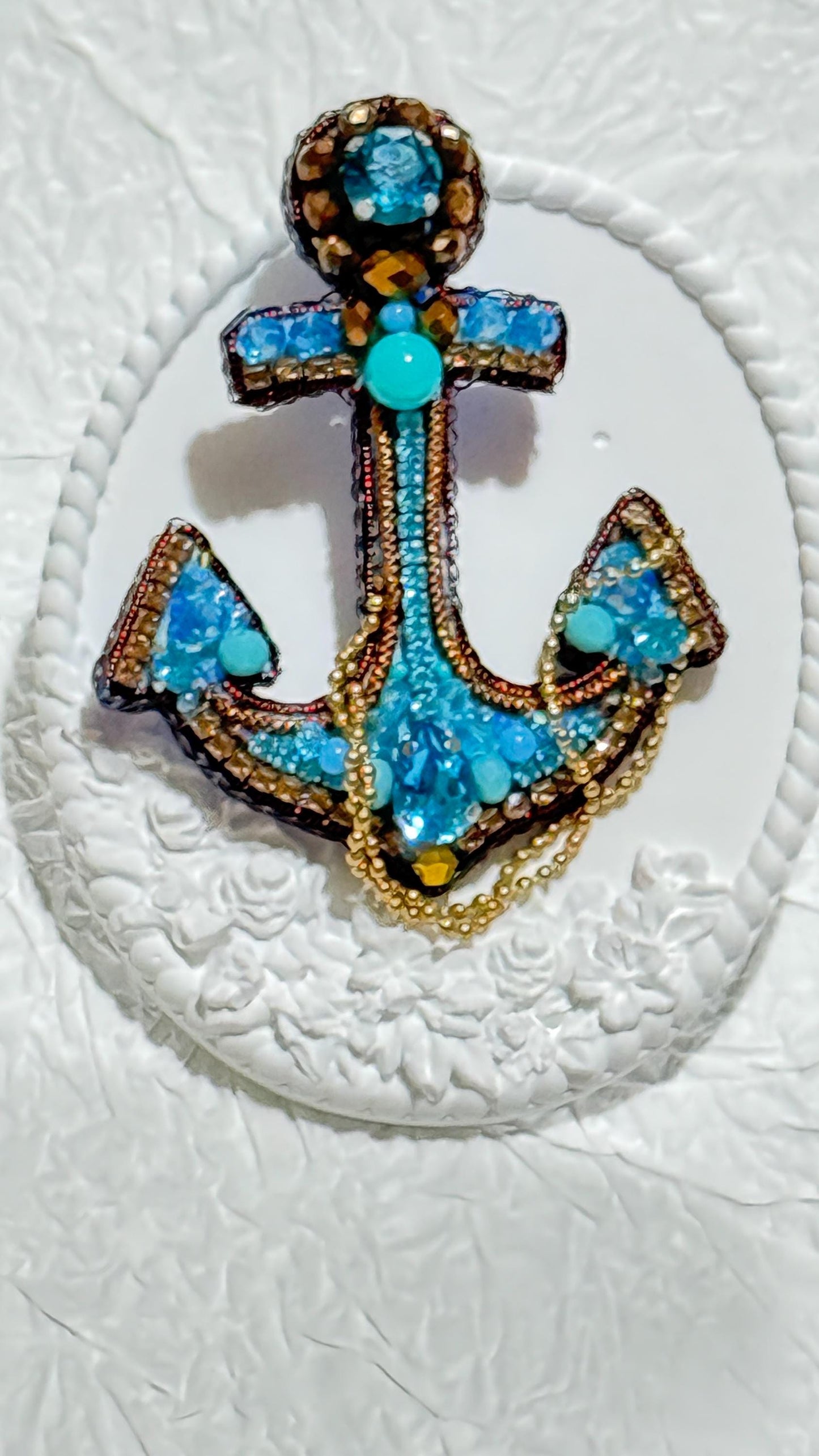 Handmade Beaded Anchor Brooch: Blue Crystal Nautical Pin