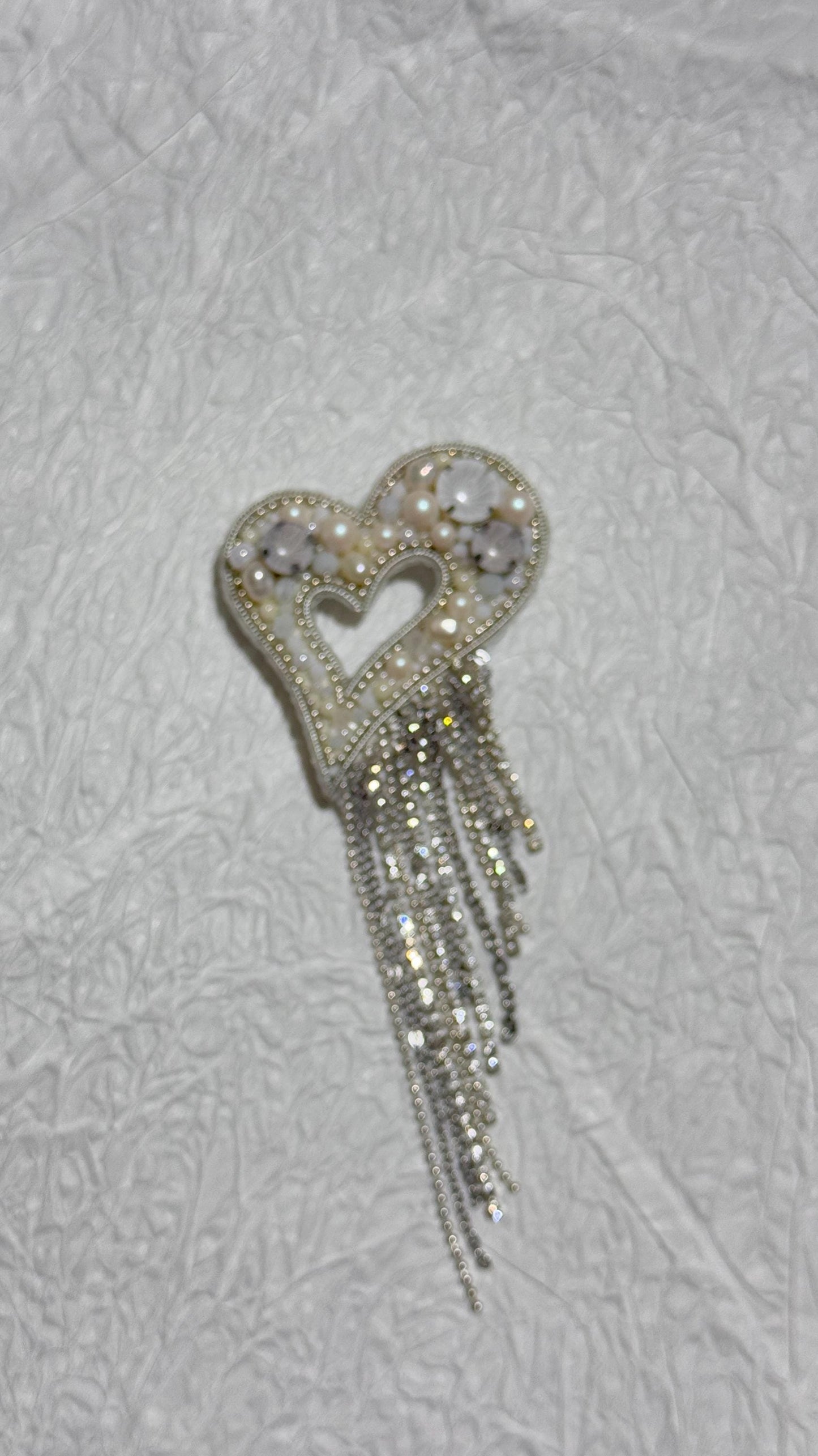 Handmade Pearl Heart Brooch: Beaded Rhinestone Dangling Chains