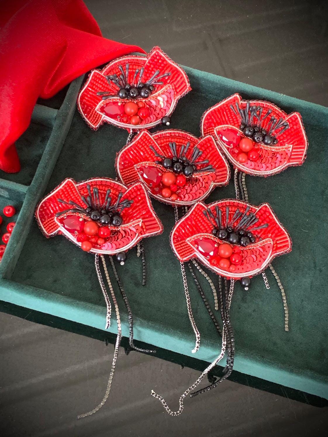 Handmade Red Poppy Brooch: Beaded Sequined Remembrance Pin