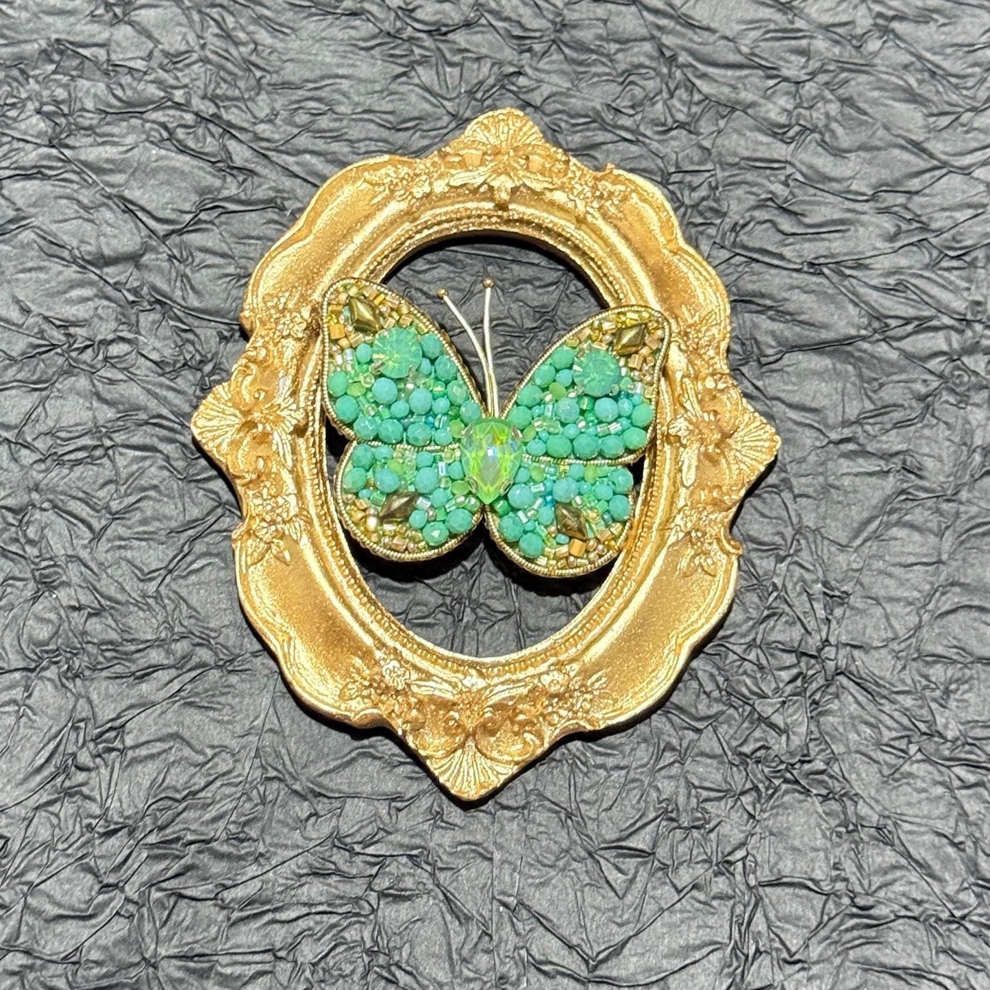 Handmade Green Crystal Butterfly Brooch: Beaded Statement Pin