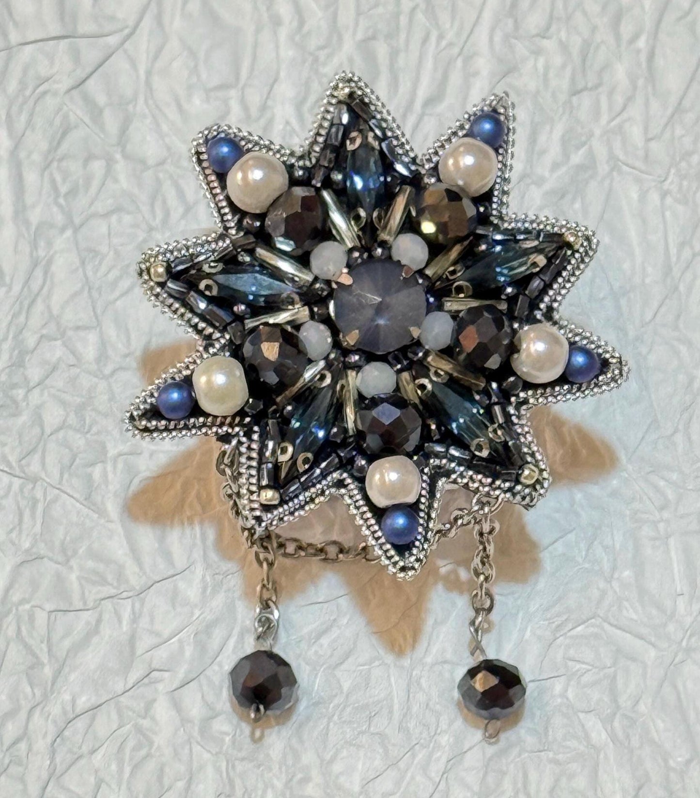 Handmade Blue Star Brooch: Crystal & Pearl Beaded Statement Jewelry