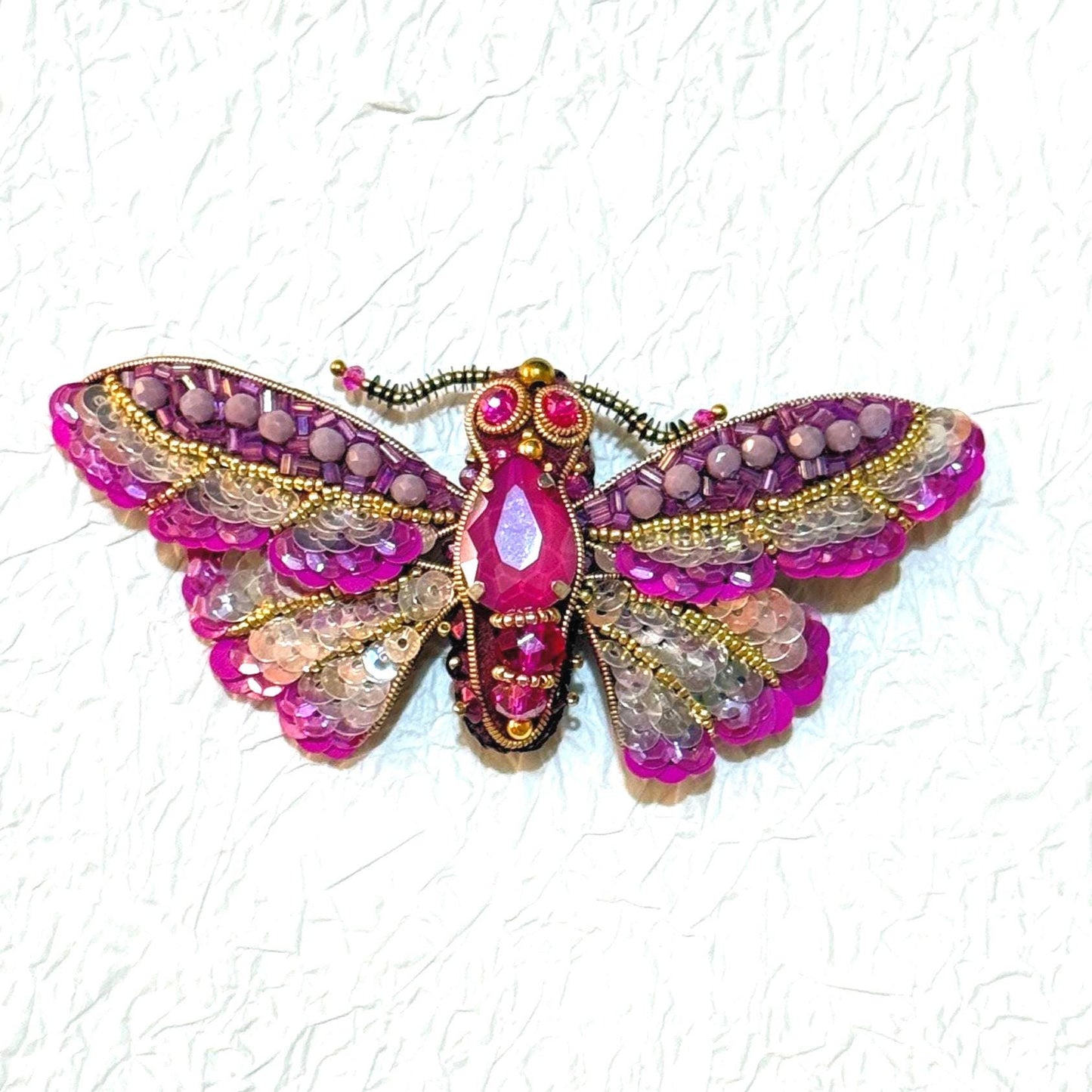 Handmade Beaded Moth Brooch: Crystal Embroidered Insect Pin