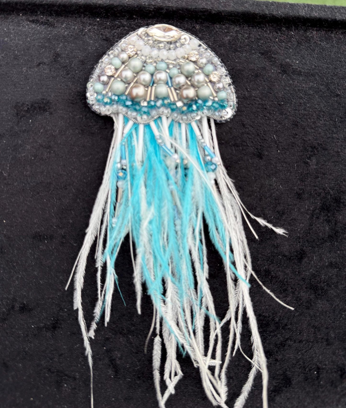 Handmade Beaded Jellyfish Brooch, Pearl Crystal Sea Creature Pin