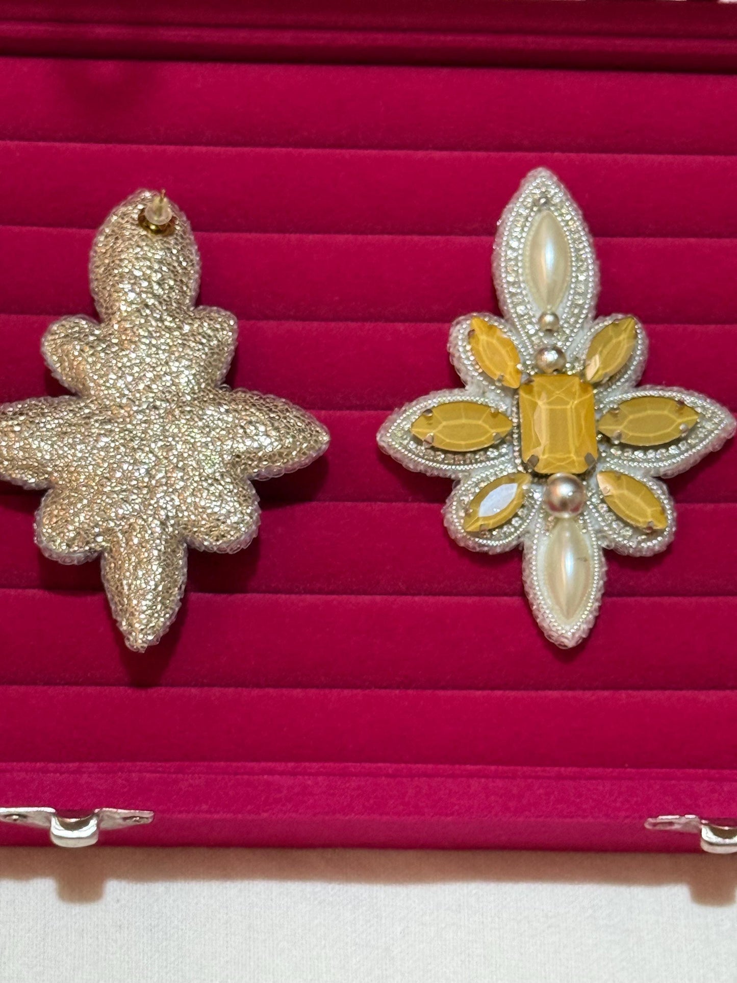 Handmade Beaded Flower Earrings, Yellow Gem Pearl Dangles