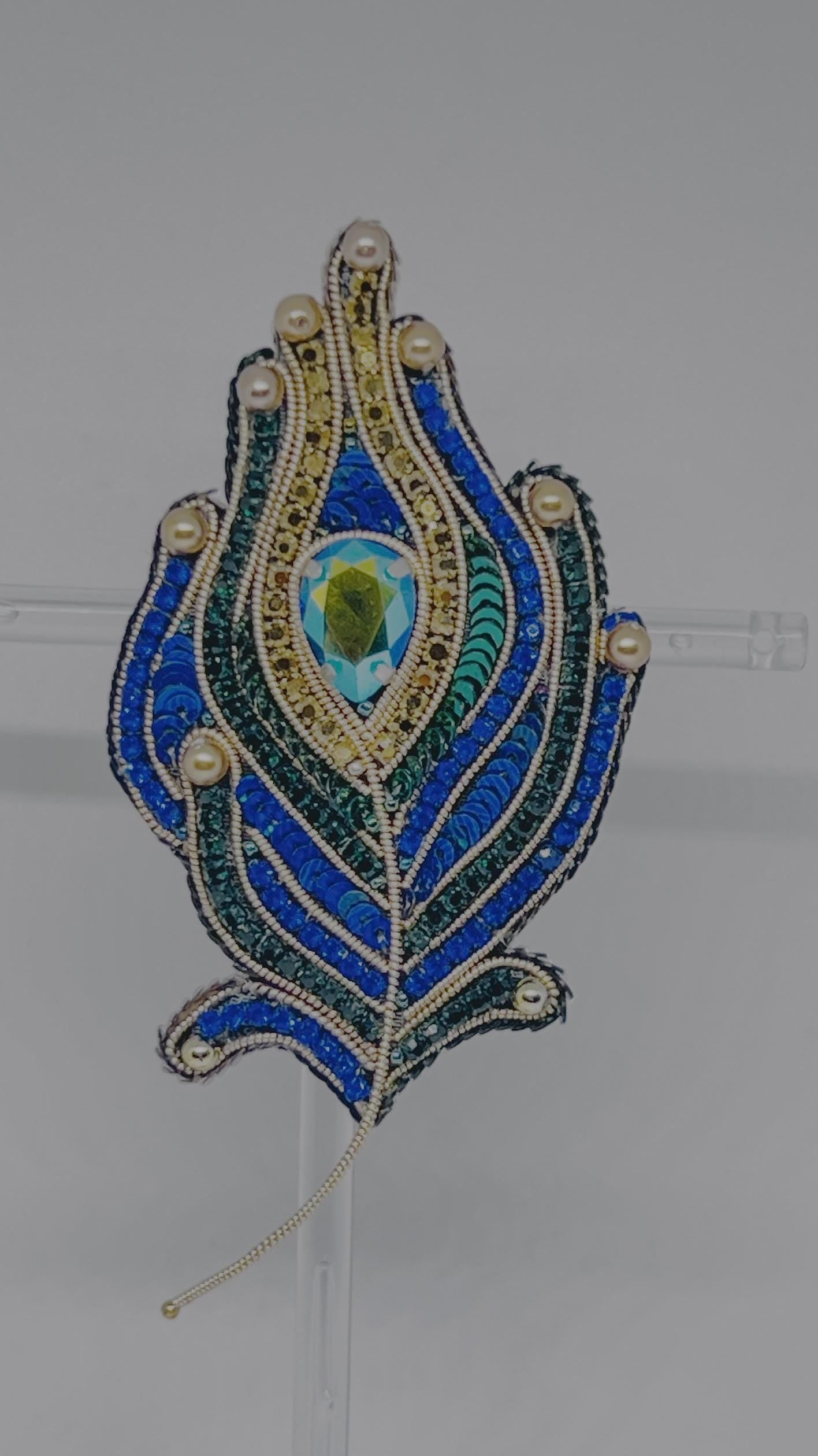 Peacock Feather Brooch Handmade Beaded Elegant Jewelry