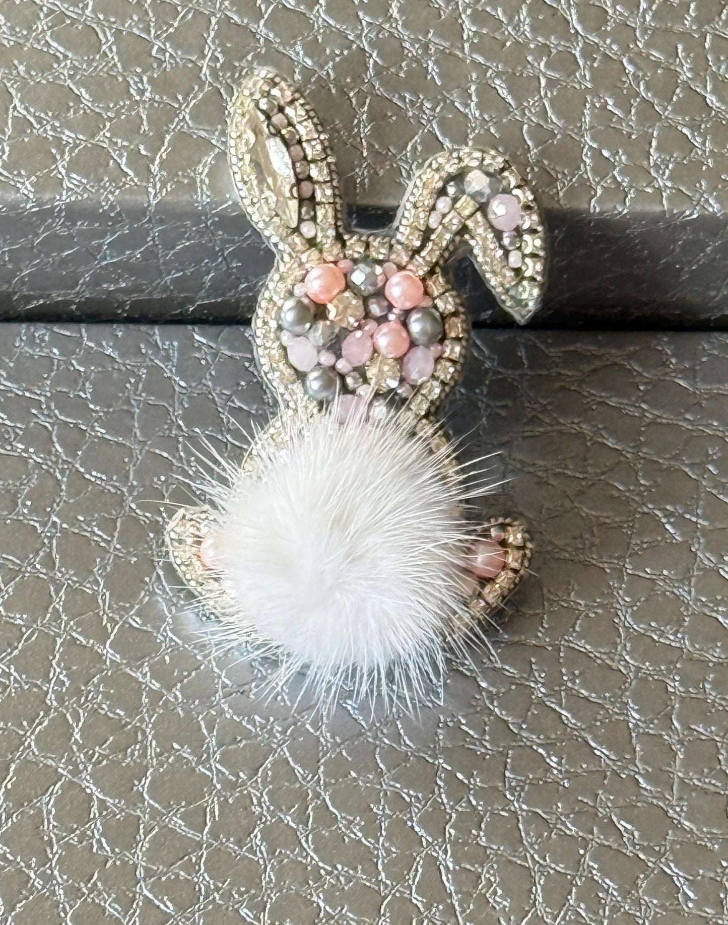 Handmade Beaded Bunny Brooch: Faux Fur Tail, Easter Pin