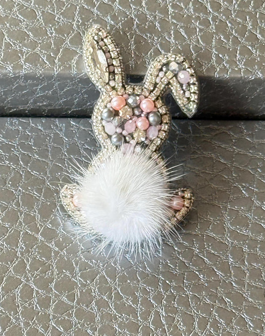 Handmade Beaded Bunny Brooch: Faux Fur Tail, Easter Pin