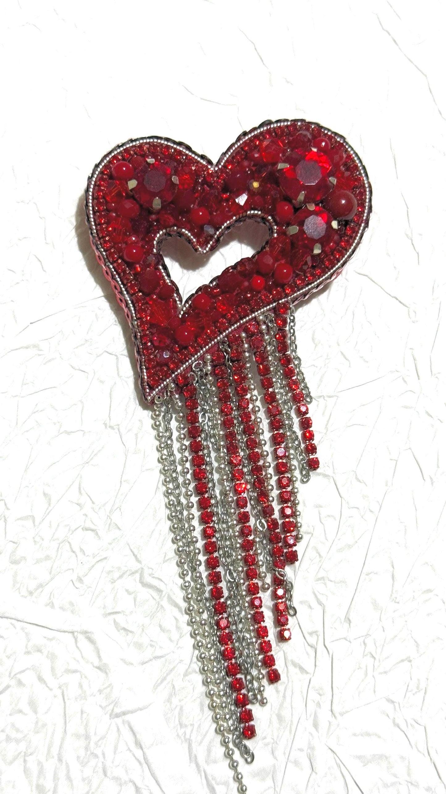 Handmade Beaded Heart Brooch: Red Rhinestone Pin with Dangling Chains