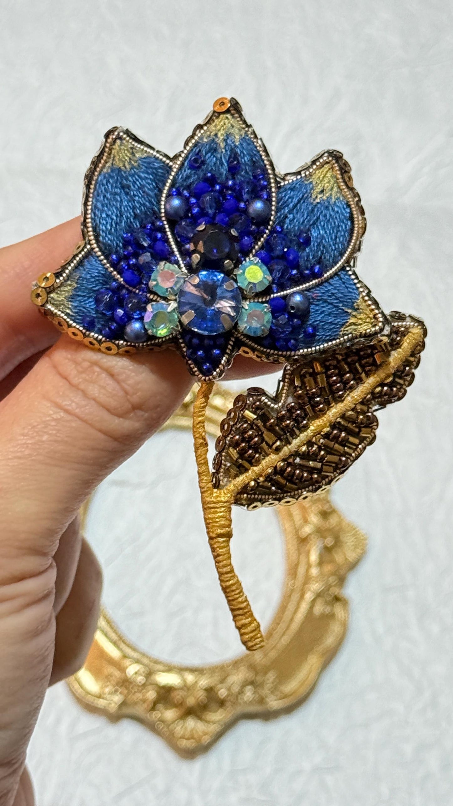 Handmade Blue Lotus Brooch: Beaded Floral Pin with Gold Frame
