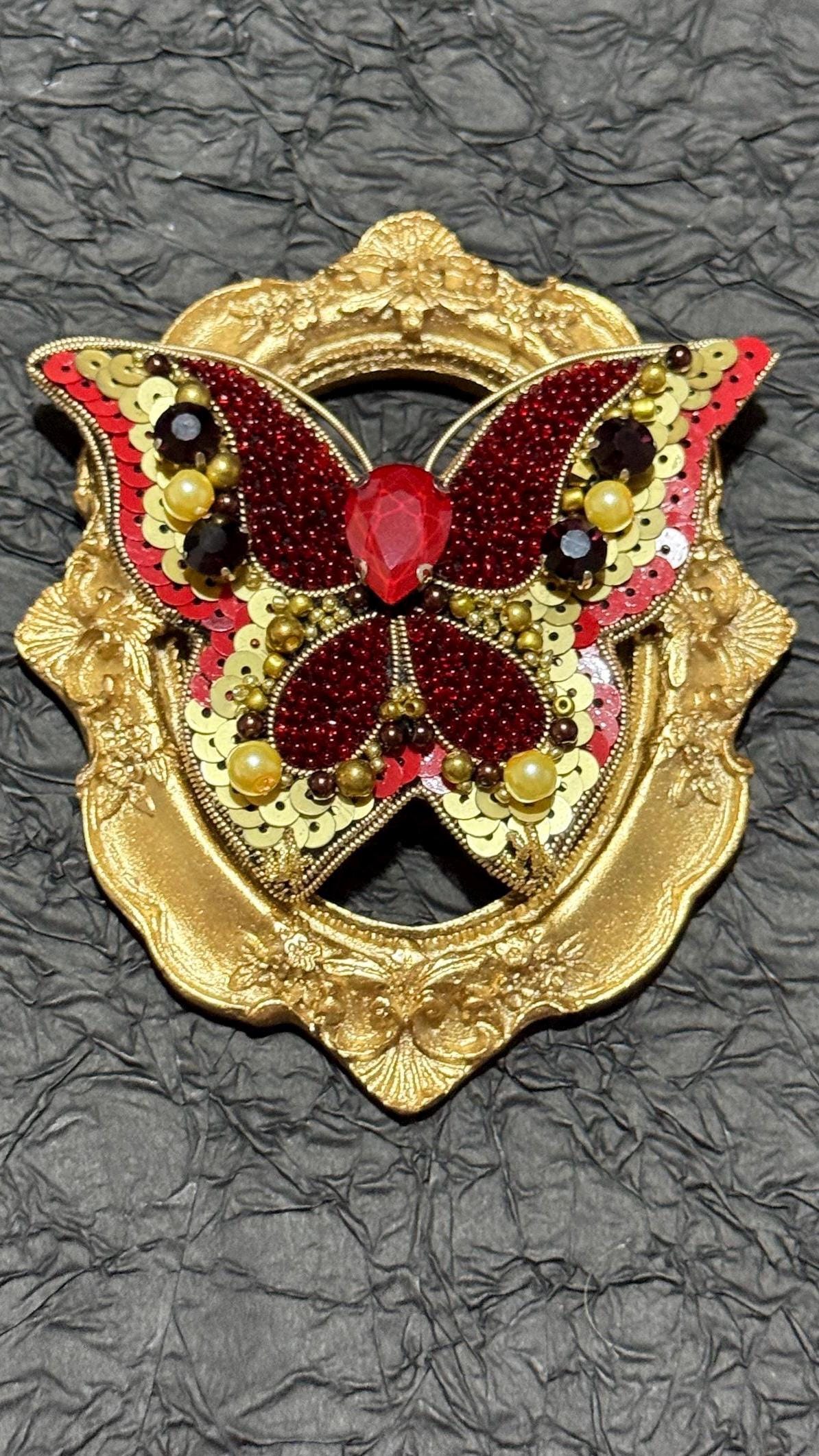 Handmade Red Butterfly Brooch: Beaded Pearl & Crystal Statement Pin