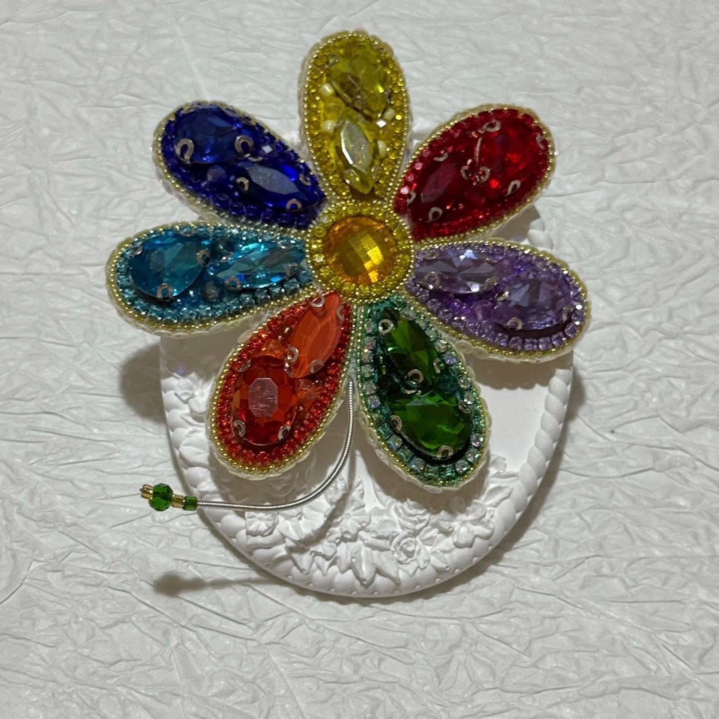 Handmade Rainbow Crystal Flower Brooch: Beaded Pride Pin