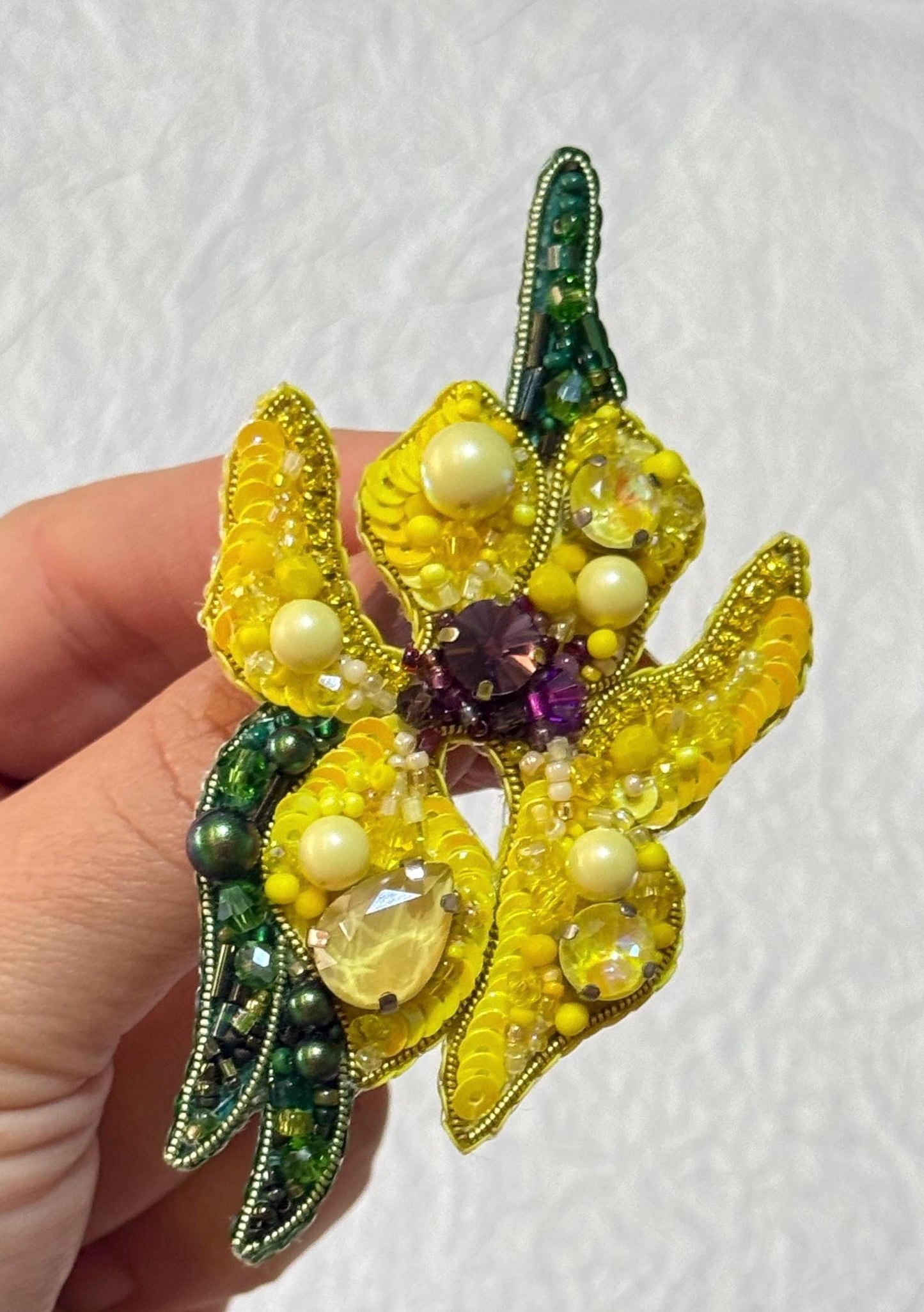 Handcrafted Beaded Iris Brooch: Yellow Floral Pin with Crystals