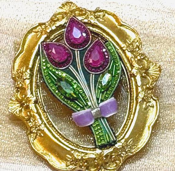 Handmade Beaded Tulip Brooch: Crystal Velvet Flower Pin