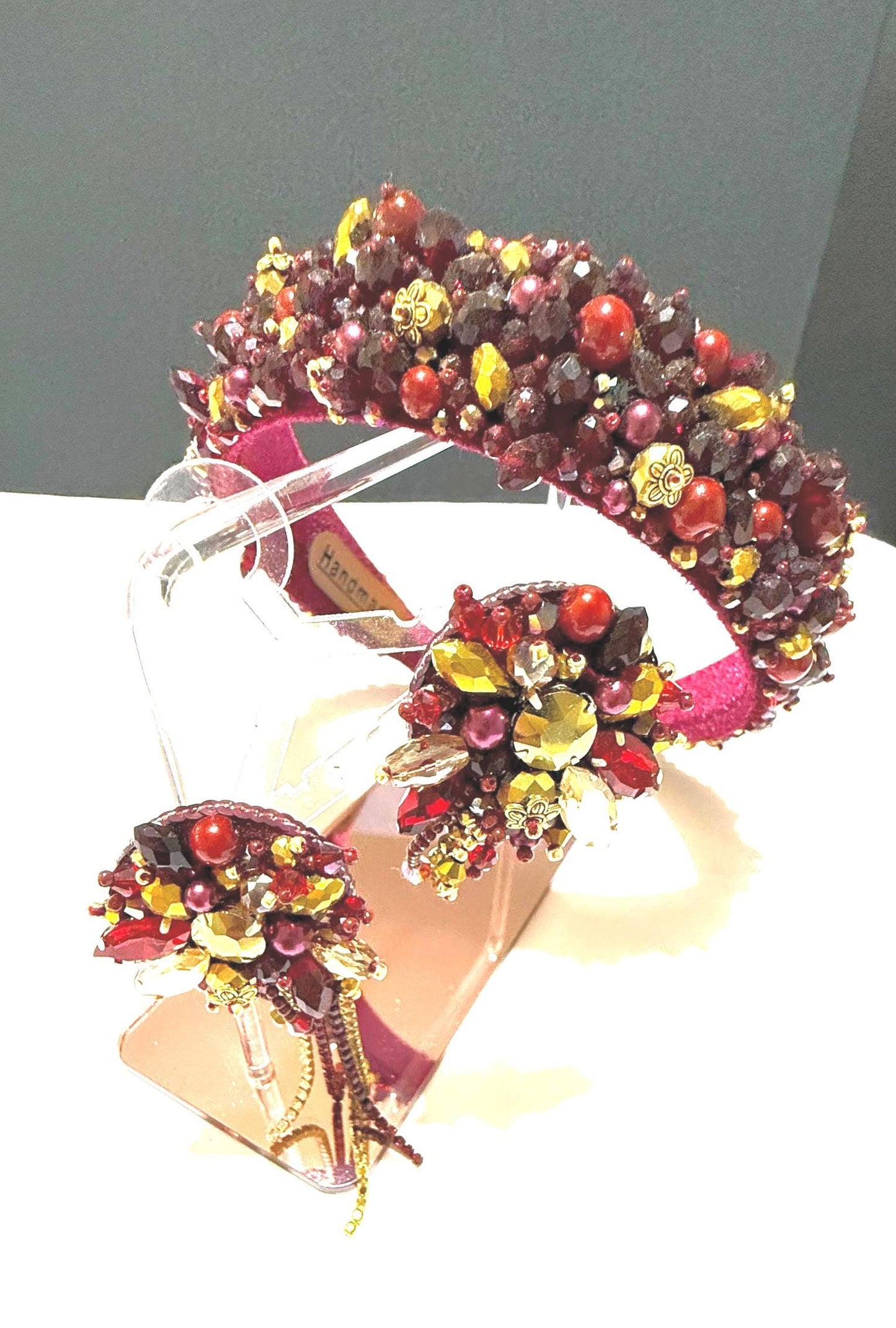 Handmade Red Crystal Headband and Earrings Set: Beaded Bridal Accessories