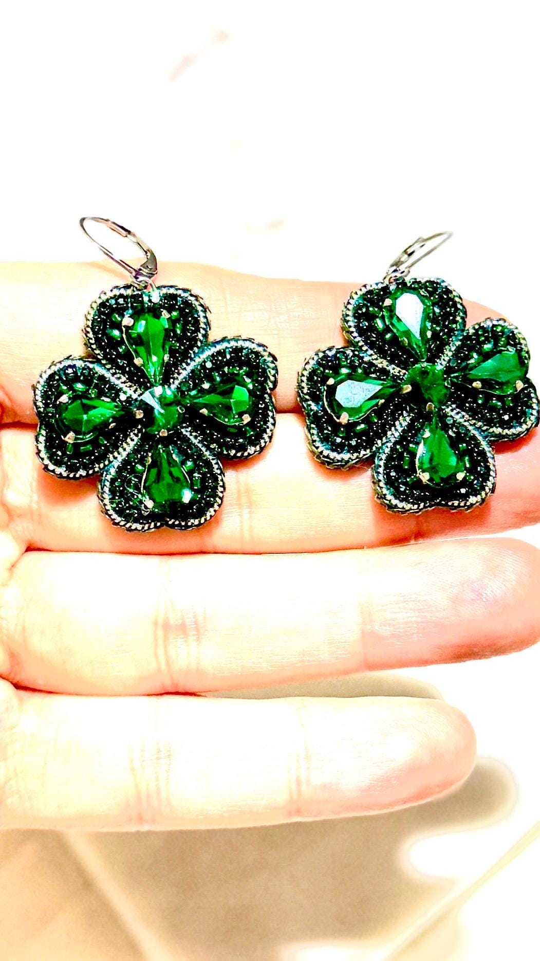 Handmade Beaded Four-Leaf Clover Earrings: Lucky St. Patrick's Day Jewelry