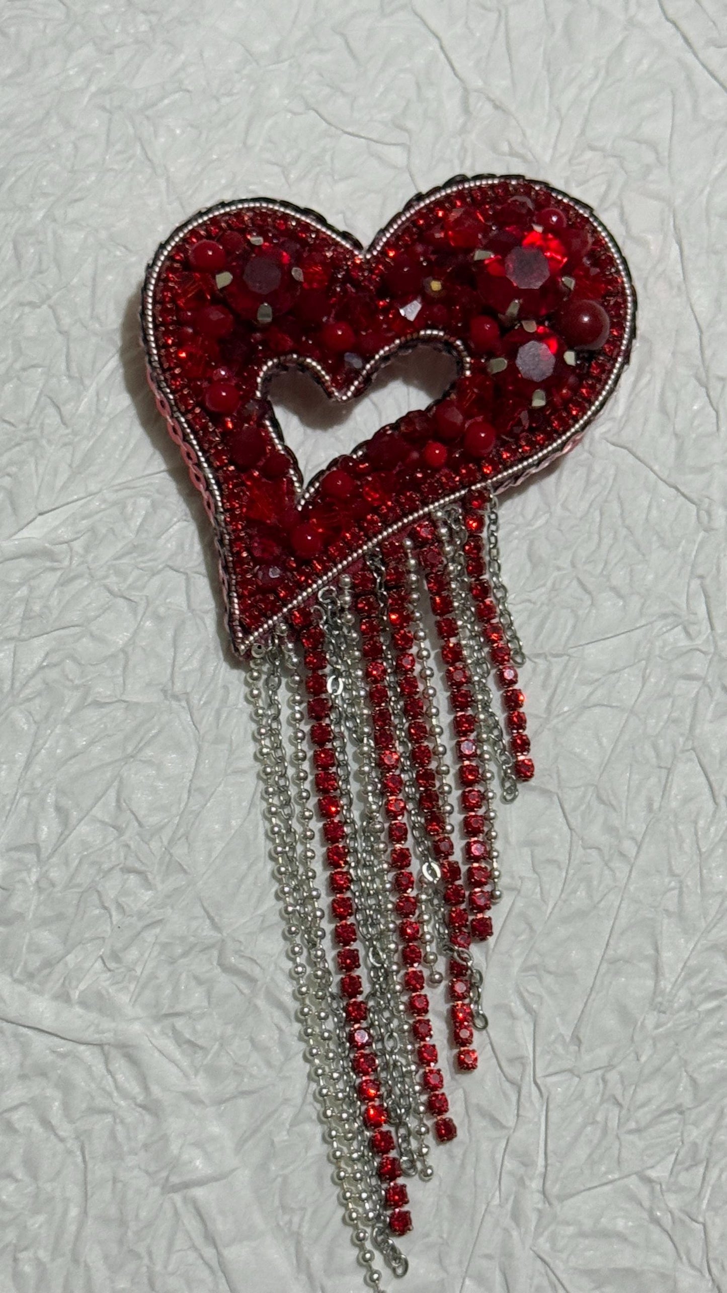 Handmade Beaded Heart Brooch: Red Rhinestone Pin with Dangling Chains