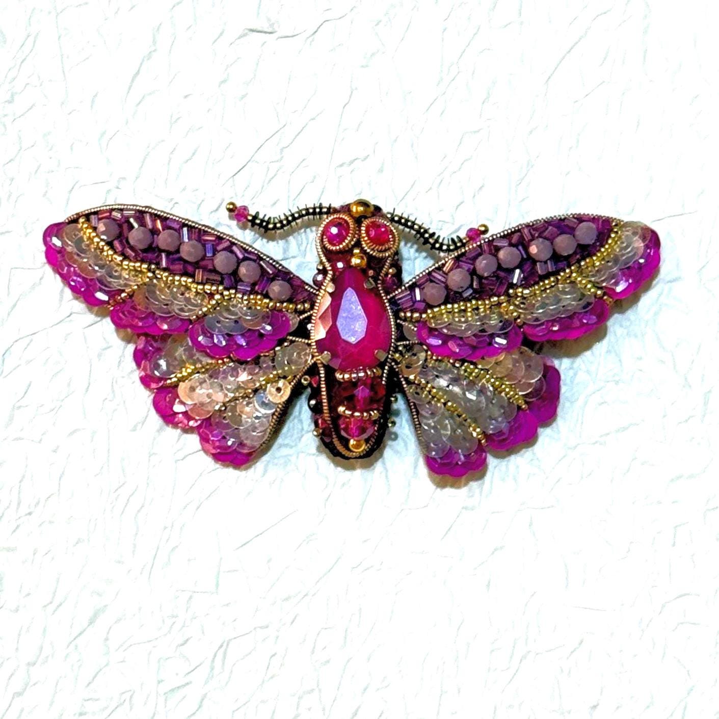 Handmade Beaded Moth Brooch: Crystal Embroidered Insect Pin