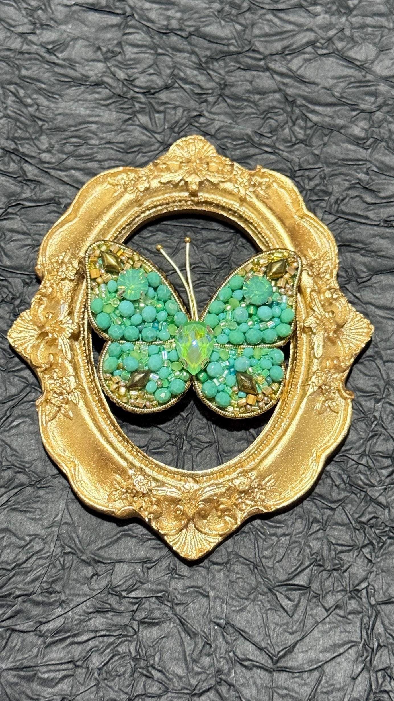Handmade Green Crystal Butterfly Brooch: Beaded Statement Pin