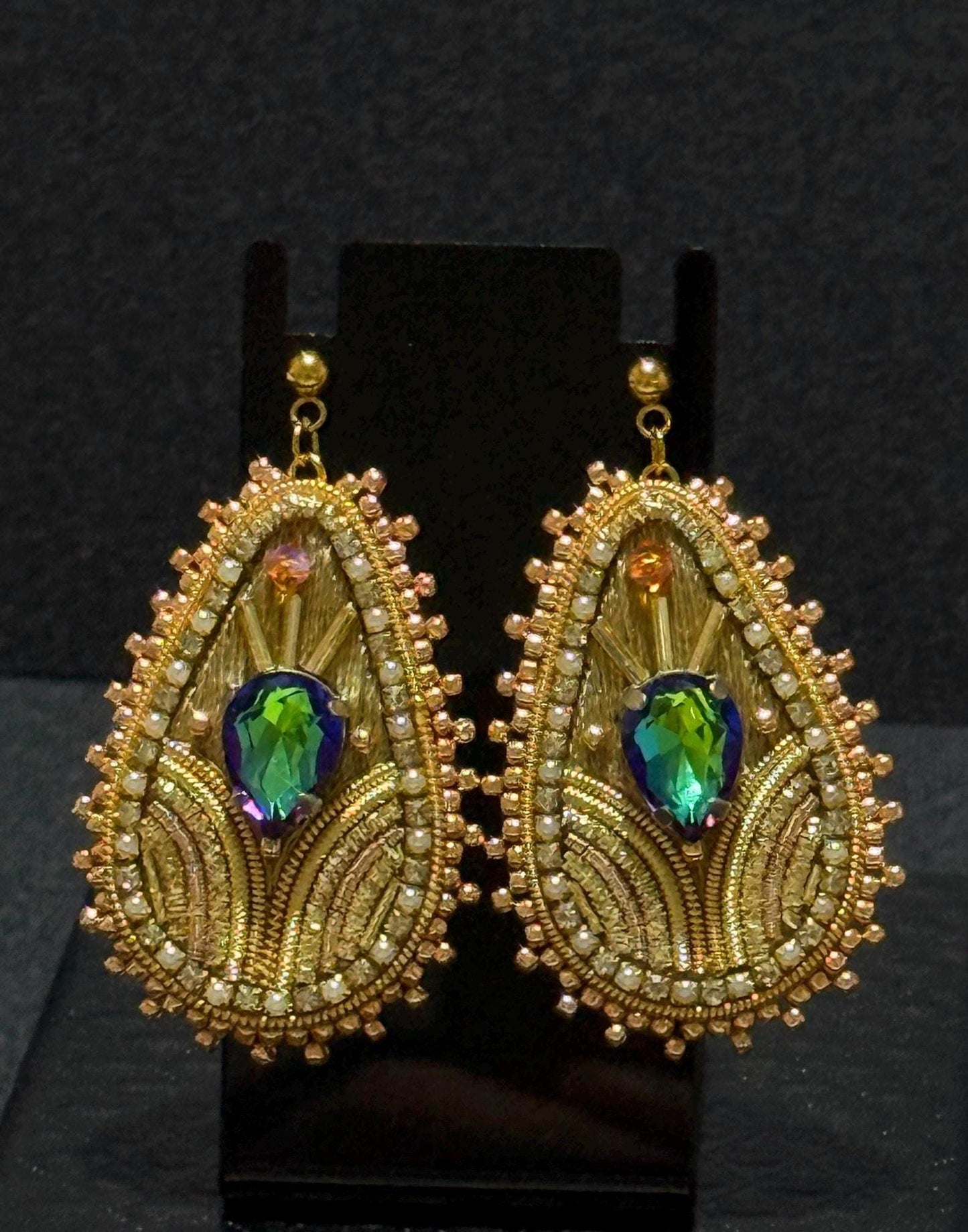 Handmade Gold Teardrop Earrings: Beaded Crystal Embroidered Statement Jewelry