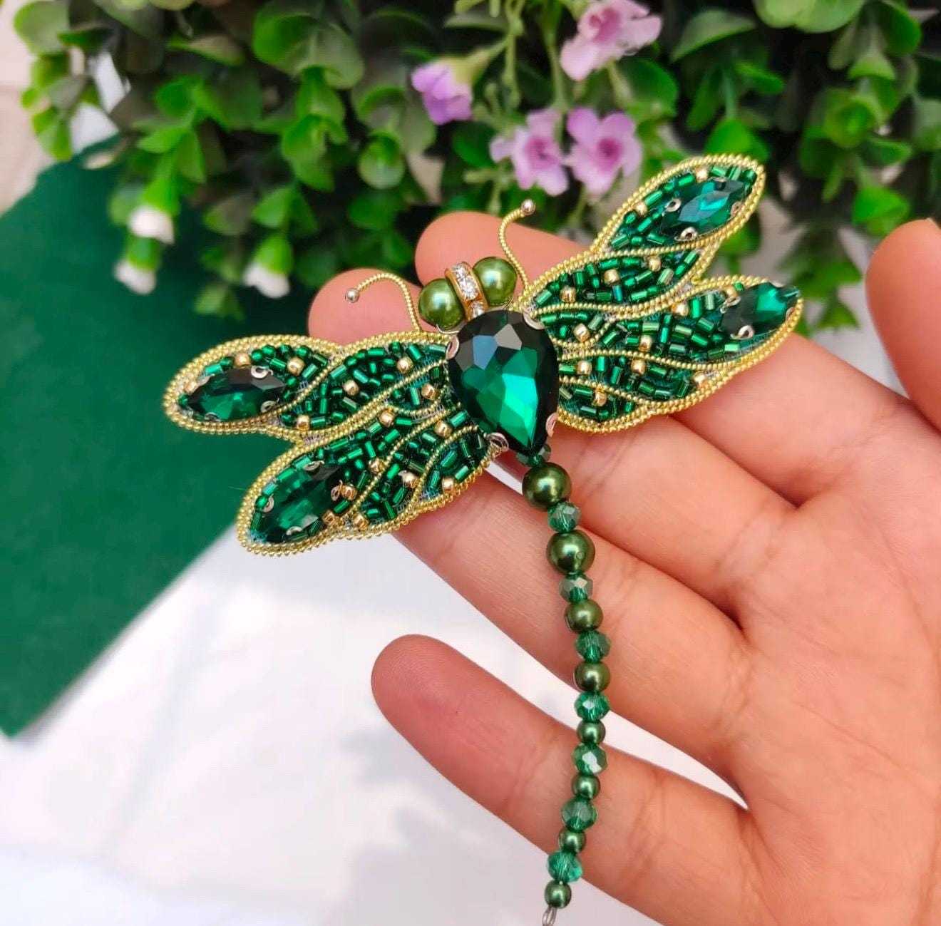 Handmade Green Dragonfly Brooch: Beaded Crystal Statement Pin