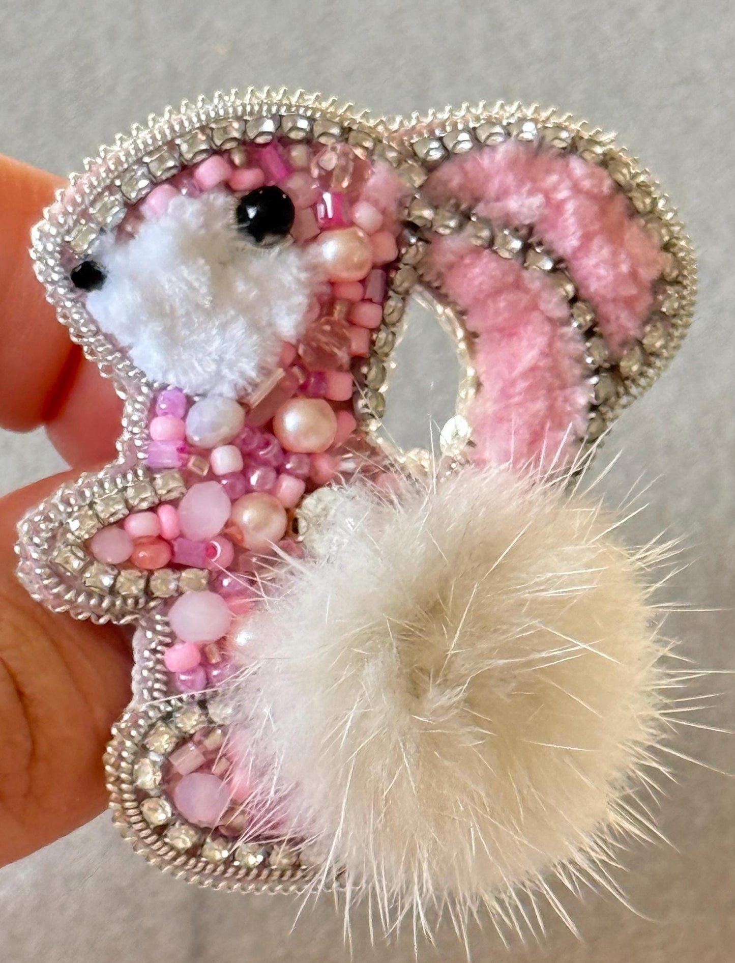Handmade Beaded Bunny Brooch: Pink Rabbit Pin with Faux Fur Tail