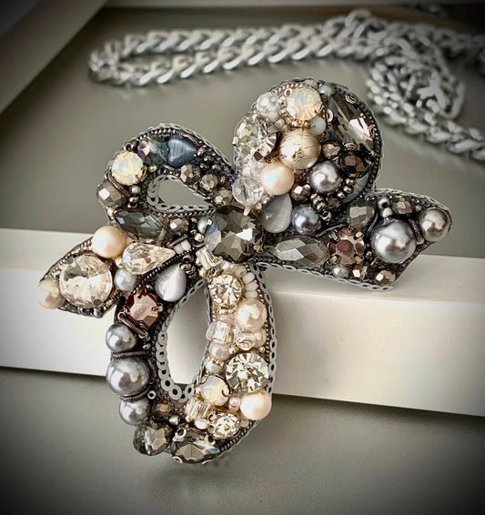 Handmade Crystal Bow Brooch: Beaded Pearl Silver Statement Pin