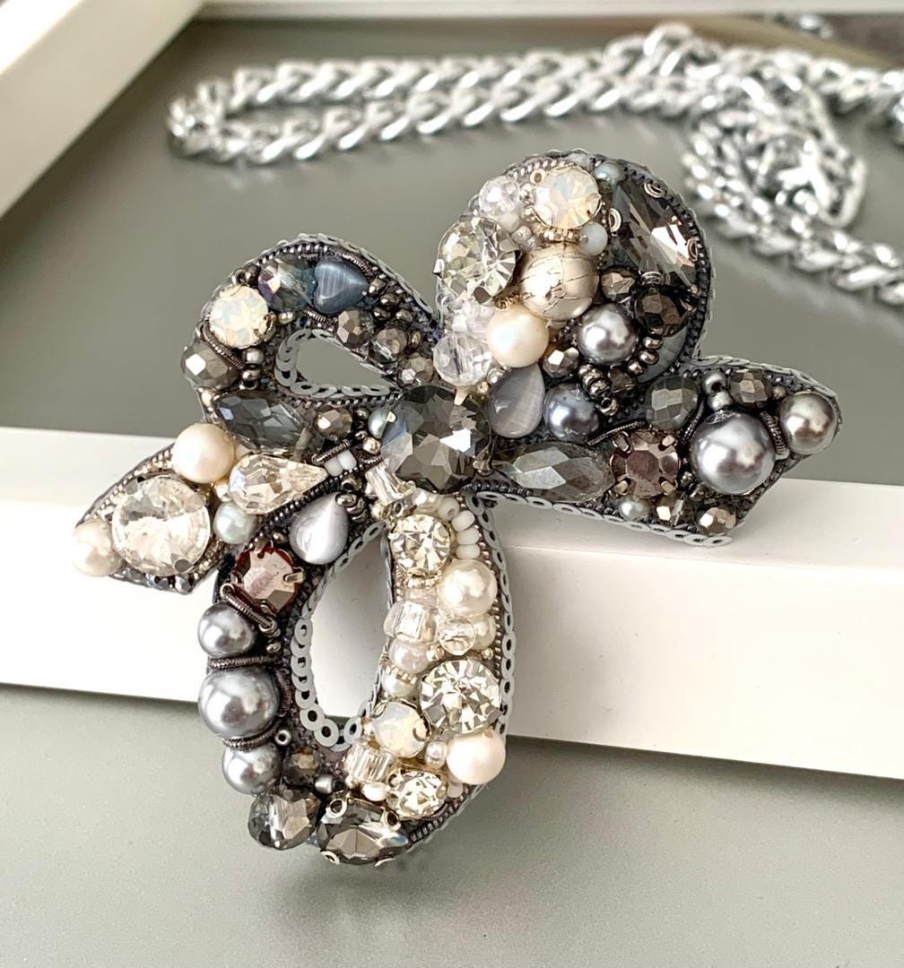 Handmade Crystal Bow Brooch: Beaded Pearl Silver Statement Pin