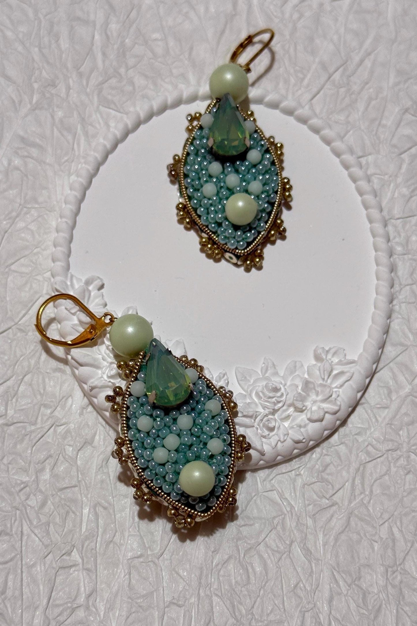 Handmade Beaded Dangle Earrings: Green Swarovski Crystals & Glass Pearls
