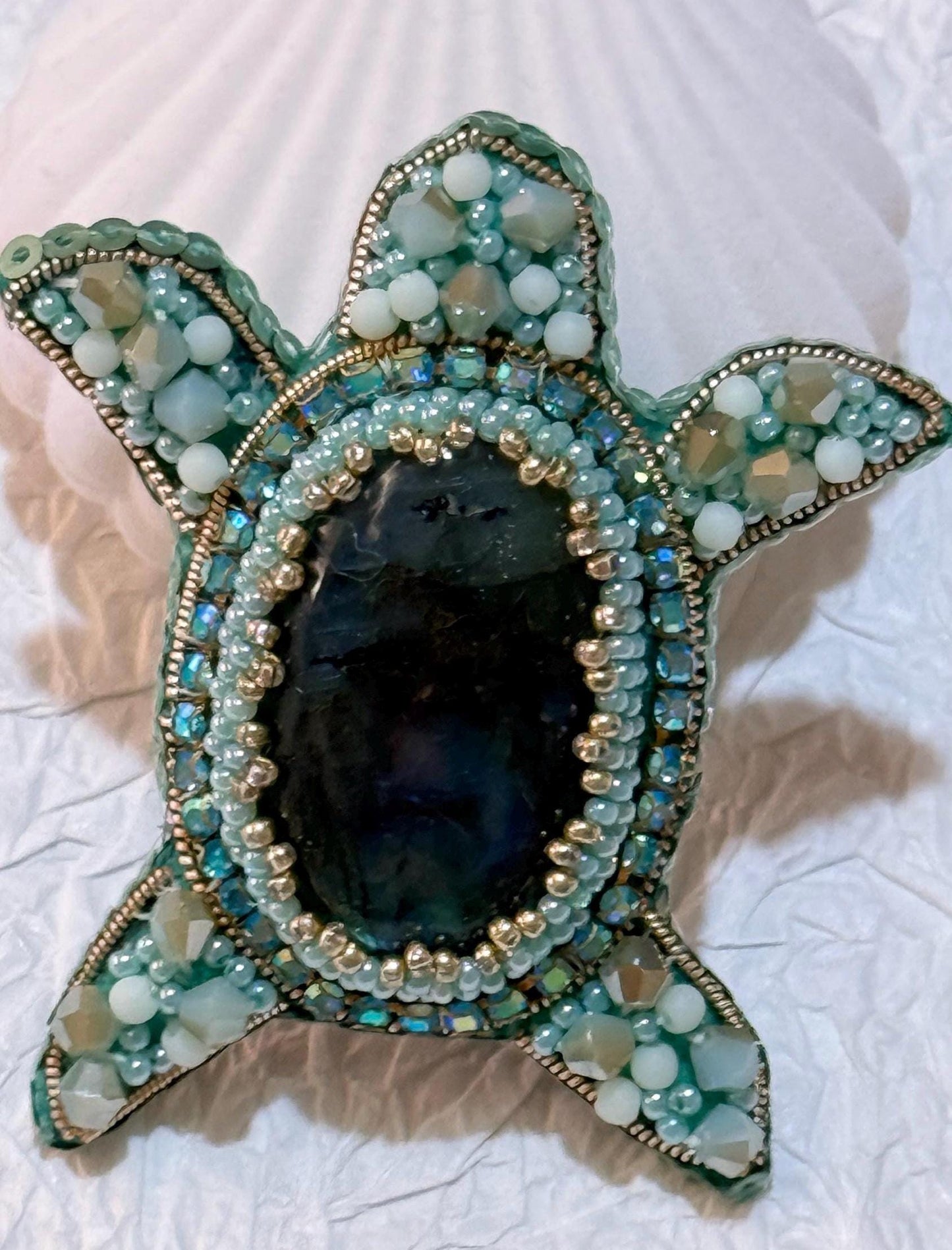 Handmade Beaded Turtle Brooch with Labradorite Stone | Ocean-Inspired Jewelry Gift | Unique Nature-Inspired Accessories