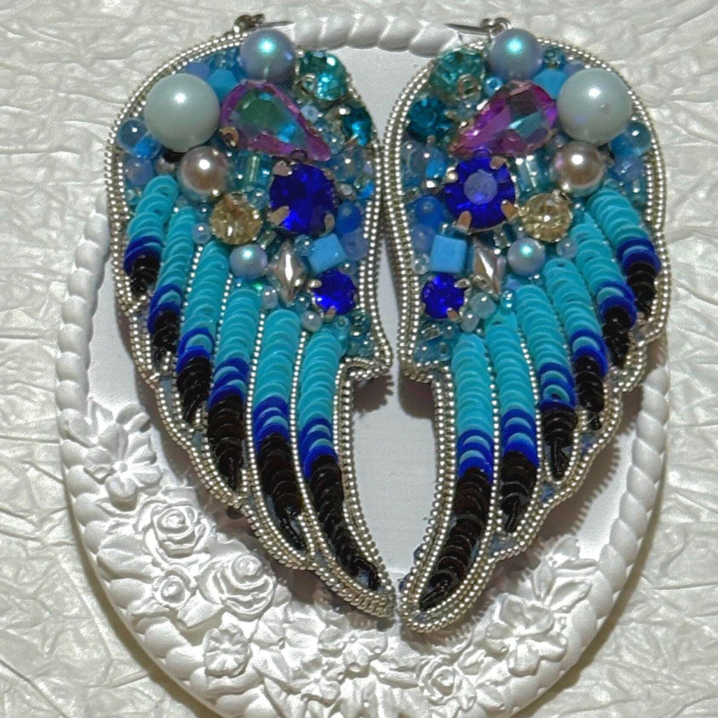 Handmade Beaded Angel Wing Earrings: Blue Crystal Statement Jewelry