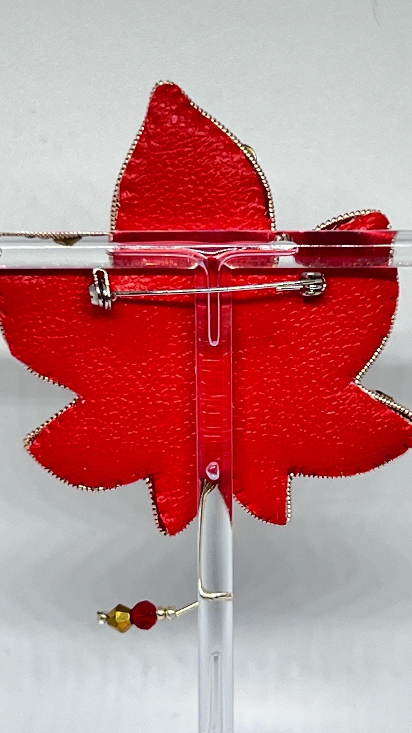 Handmade Beaded Maple Leaf Brooch: Red Crystal Autumn Pin