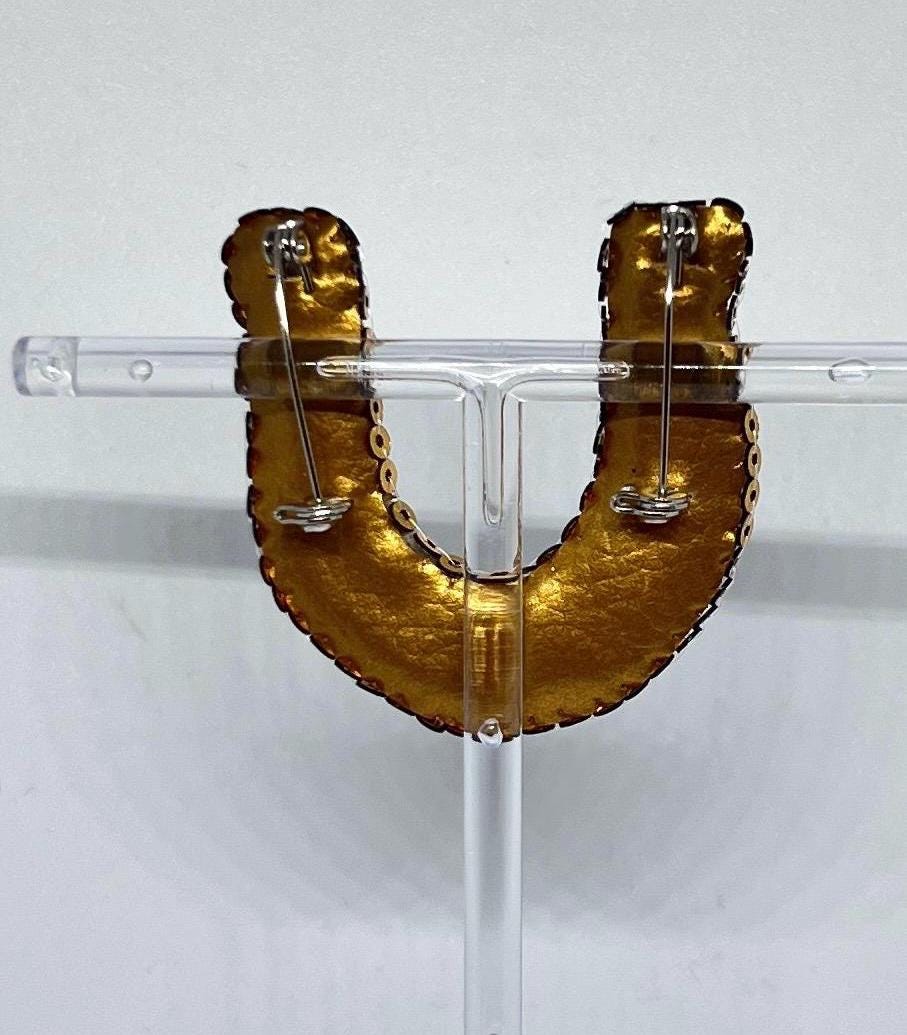 Handmade Beaded Horseshoe Brooch: Gold Crystal Lucky Charm Pin