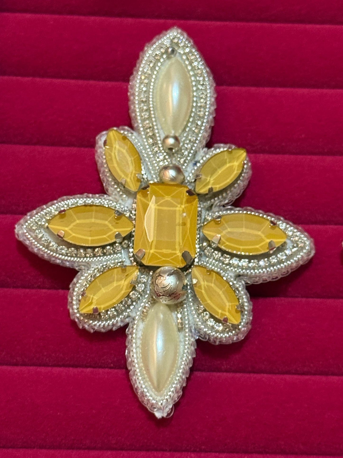 Handmade Beaded Flower Earrings, Yellow Gem Pearl Dangles