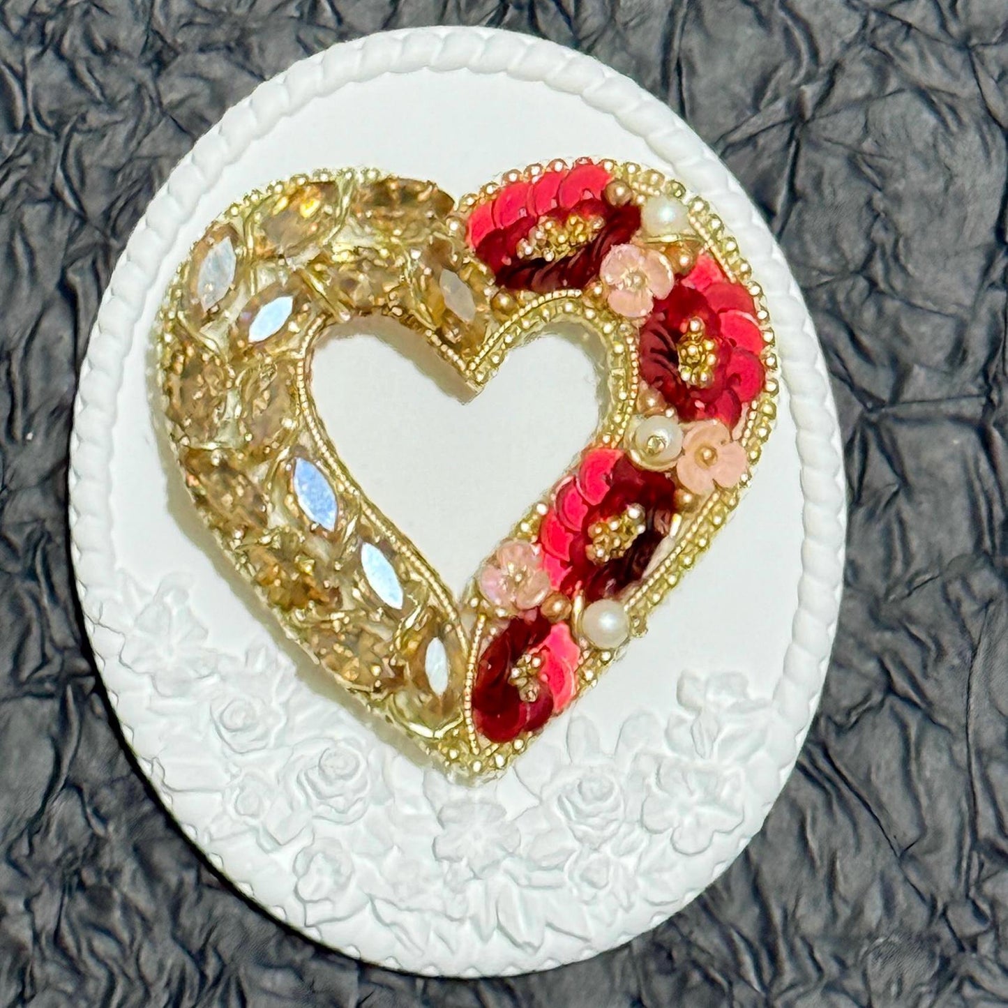 Handmade Beaded Heart Brooch: Gold & Red Valentine's Day Pin