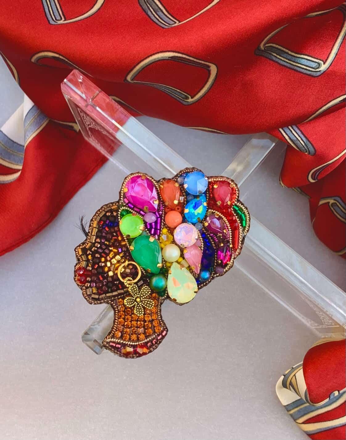 Handmade Beaded African Woman Brooch – Crystal Pearl Statement Pin