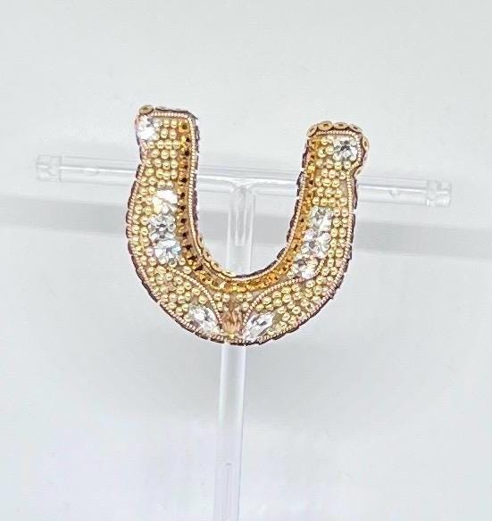 Handmade Beaded Horseshoe Brooch: Gold Crystal Lucky Charm Pin
