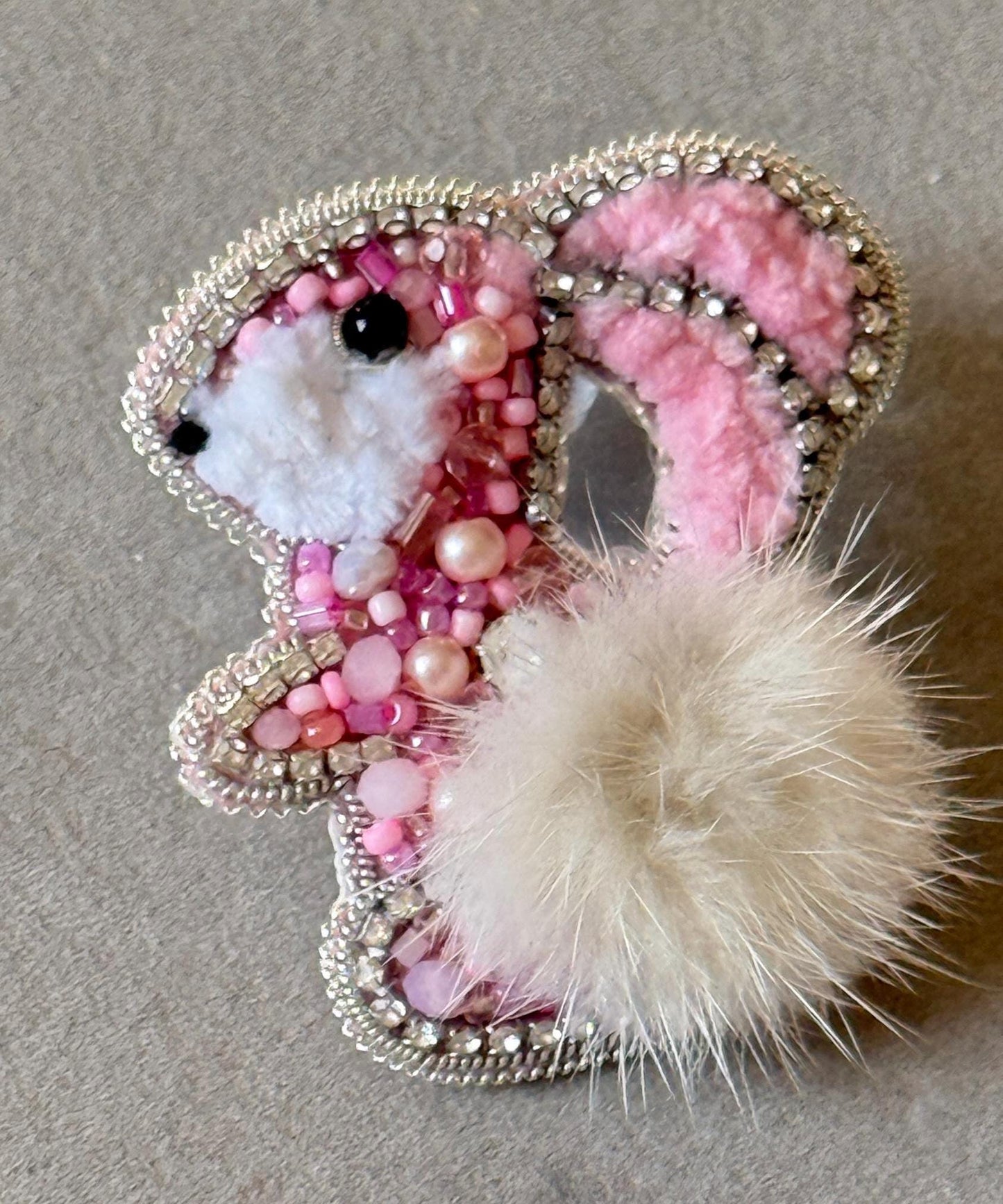 Handmade Beaded Bunny Brooch: Pink Rabbit Pin with Faux Fur Tail
