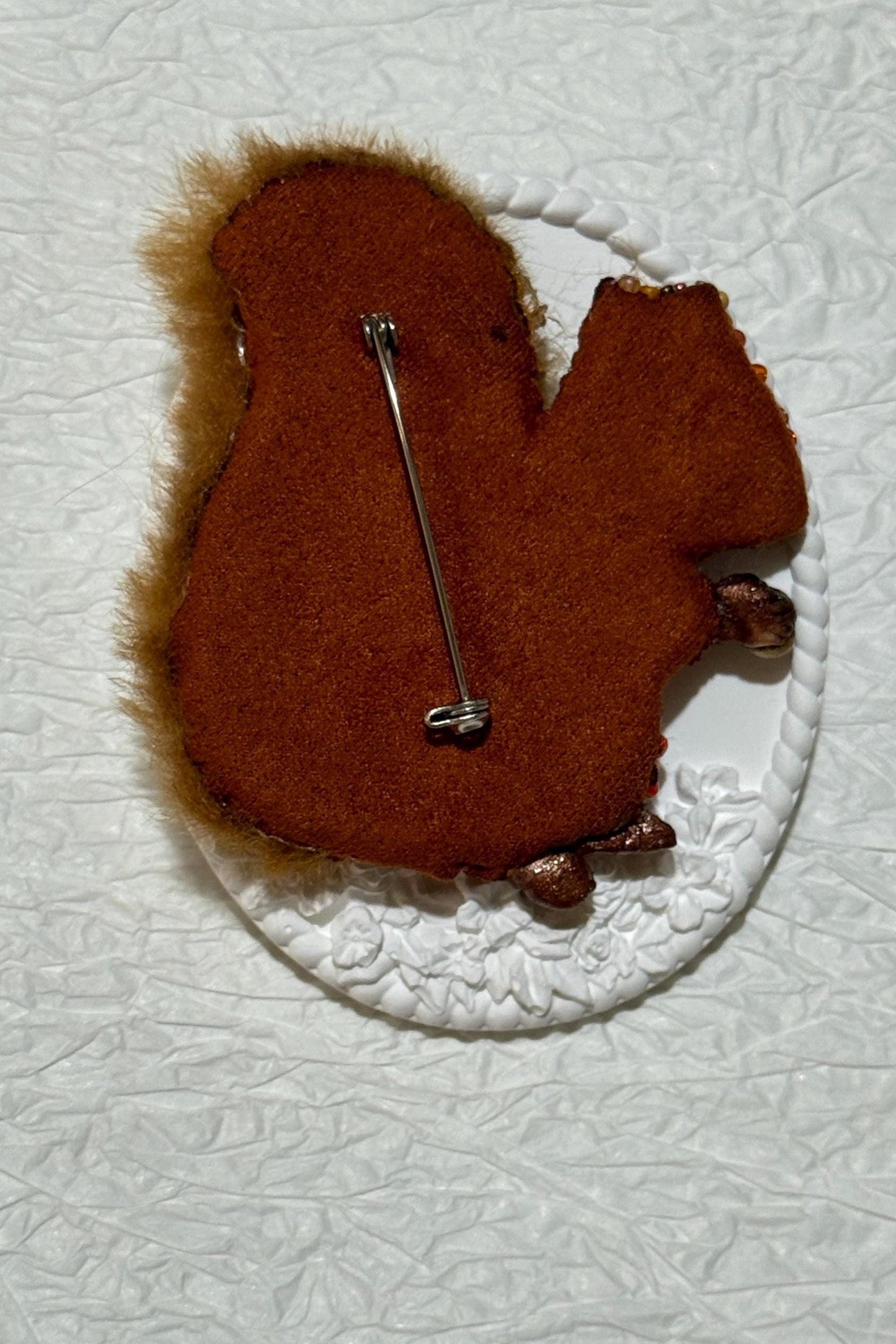 Handmade Beaded Squirrel Brooch: Faux Fur Woodland Pin
