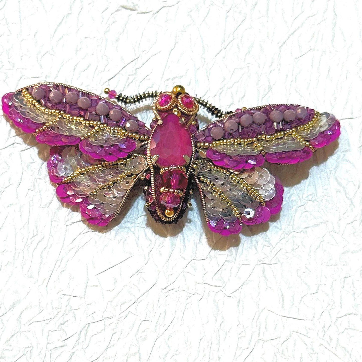 Handmade Beaded Moth Brooch: Crystal Embroidered Insect Pin